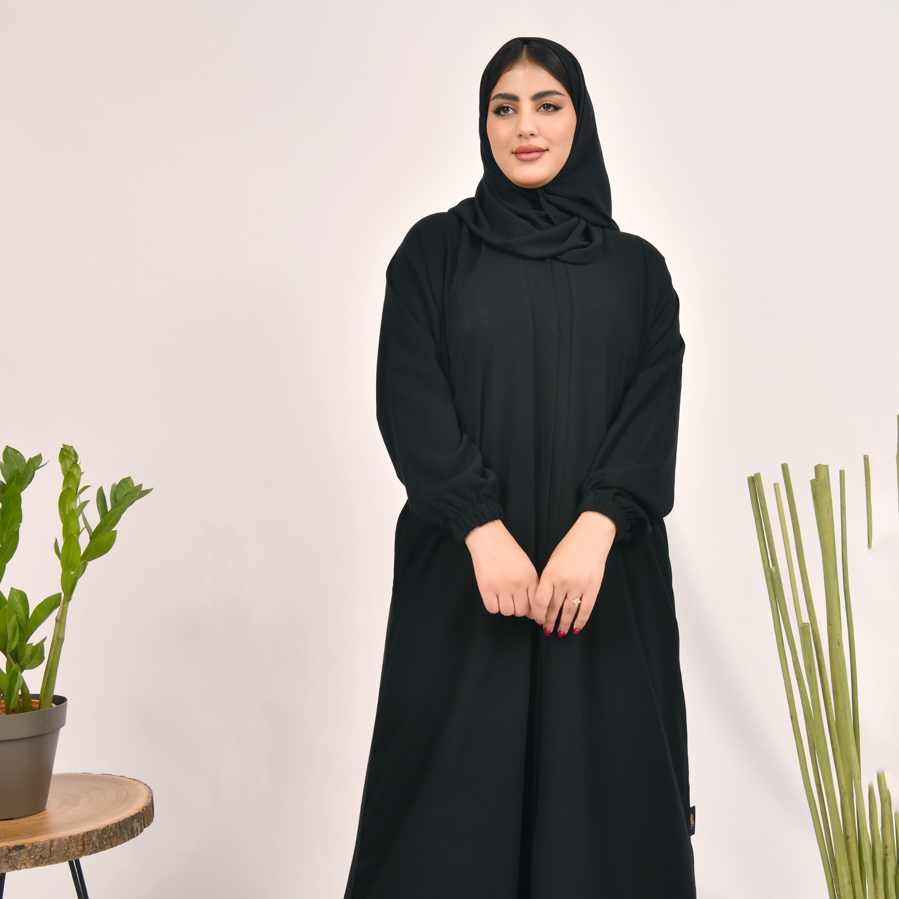 Hawraa Plain Pocket Detail Abaya with Hijab-women-arabicclothing-abayas-image-1