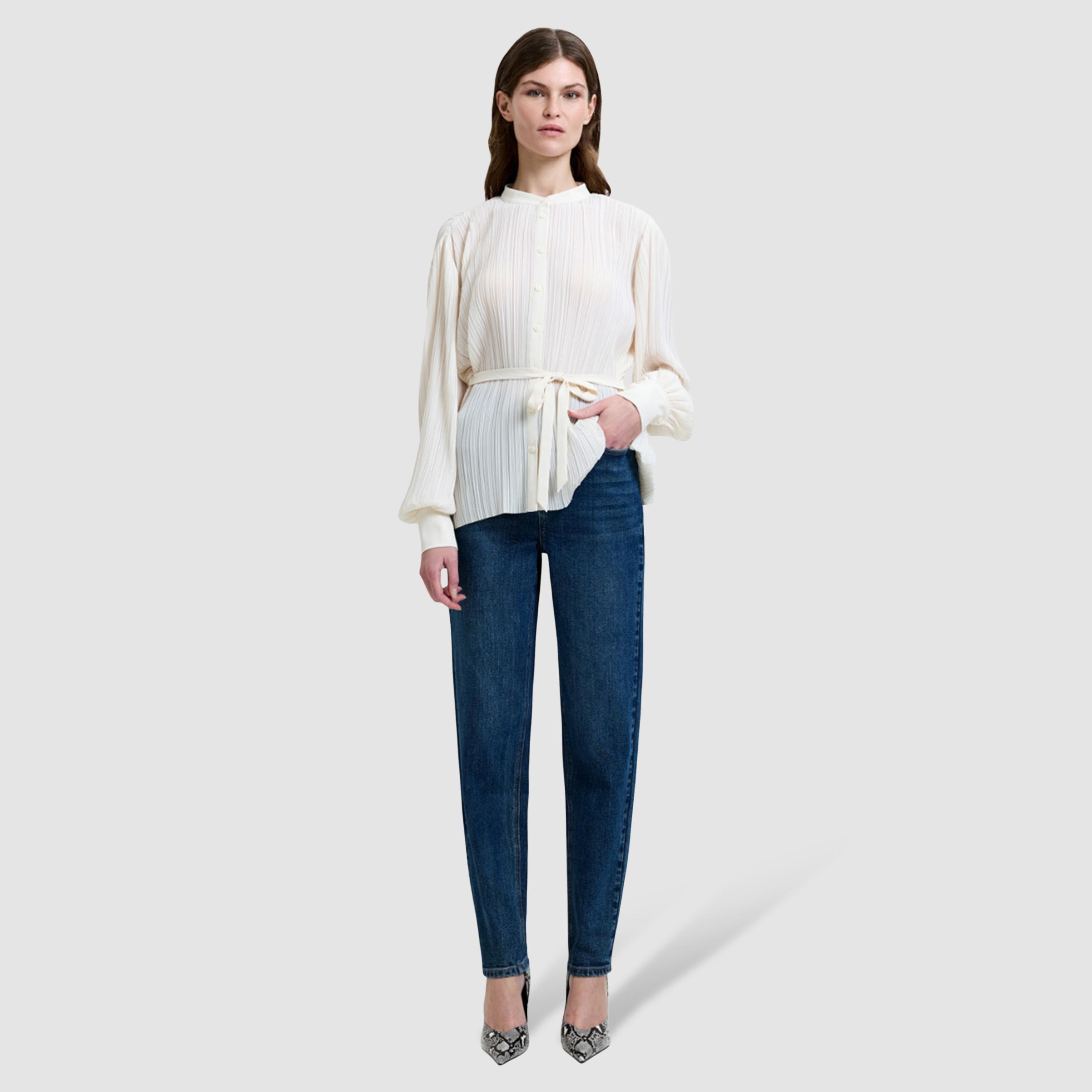 بلوزة نسائية بأكمام "بيشوب" وياقة "باند" وقماش بارز لون كريمي من فرينش كونكشن-women-clothing-shirtsandblouses-blouses-image-2