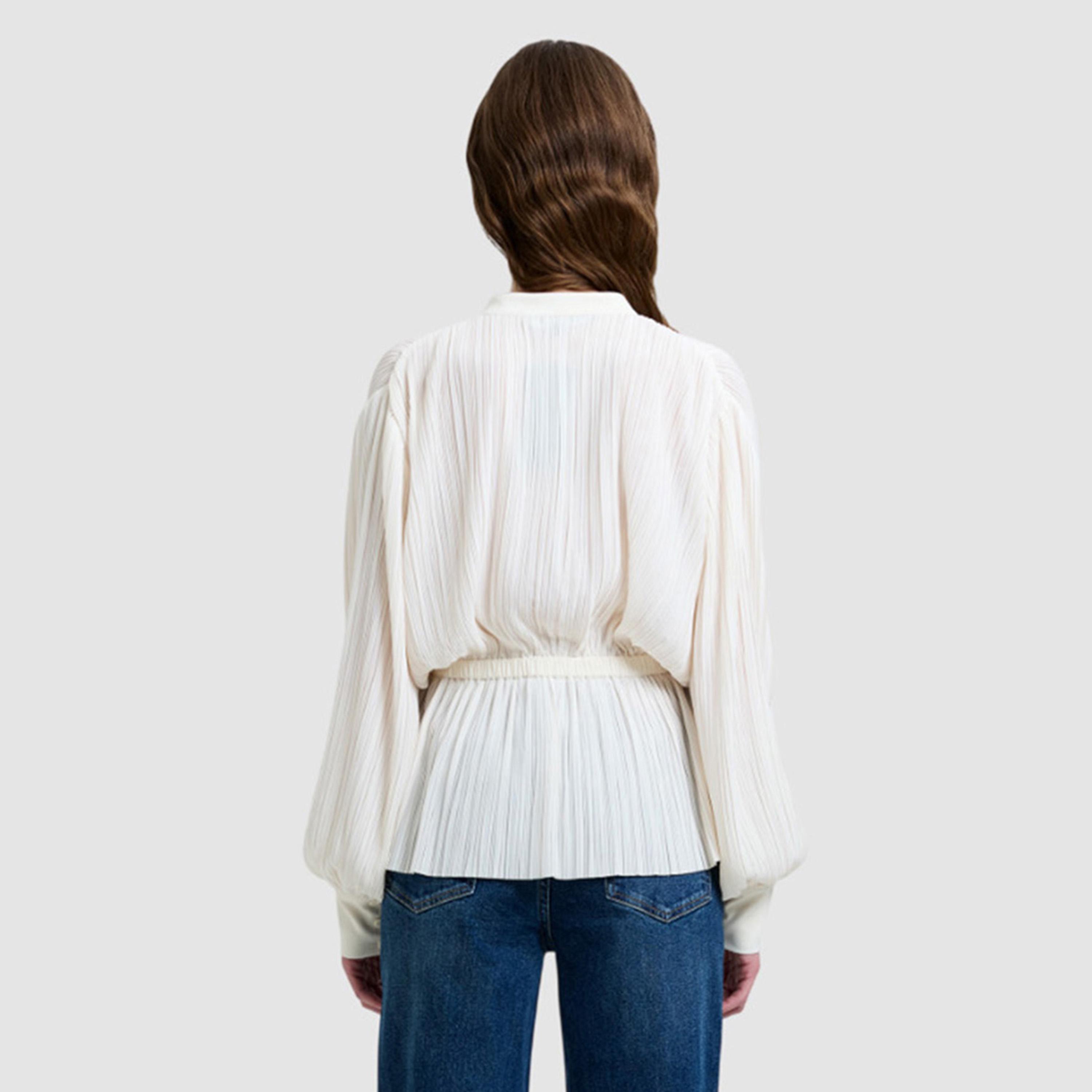 بلوزة نسائية بأكمام "بيشوب" وياقة "باند" وقماش بارز لون كريمي من فرينش كونكشن-women-clothing-shirtsandblouses-blouses-image-3