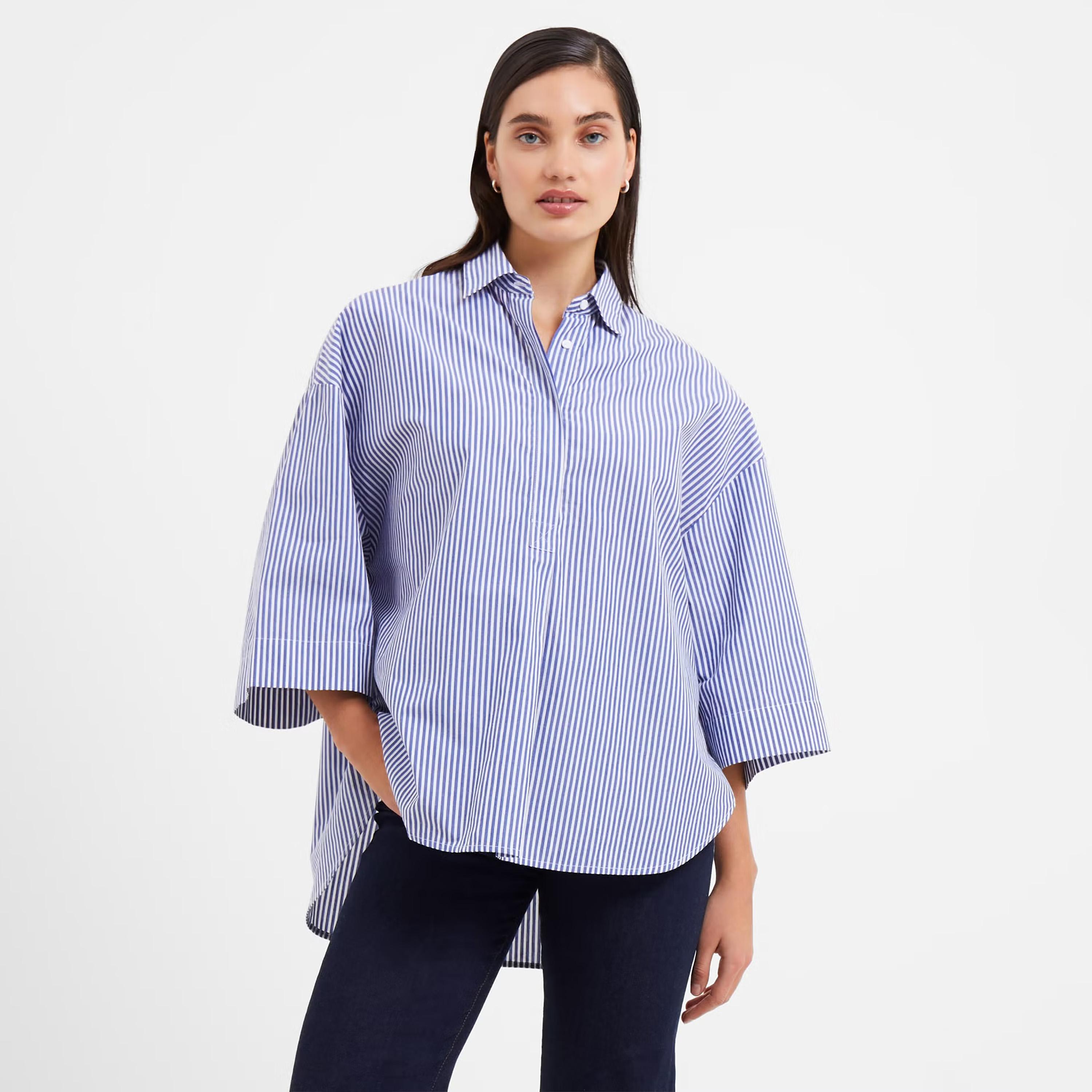 قميص قطن حريمي بياقة وأكتاف ساقطة ومخطط باللون الأزرق من فرينش كونكشن-women-clothing-shirtsandblouses-shirts-image-1