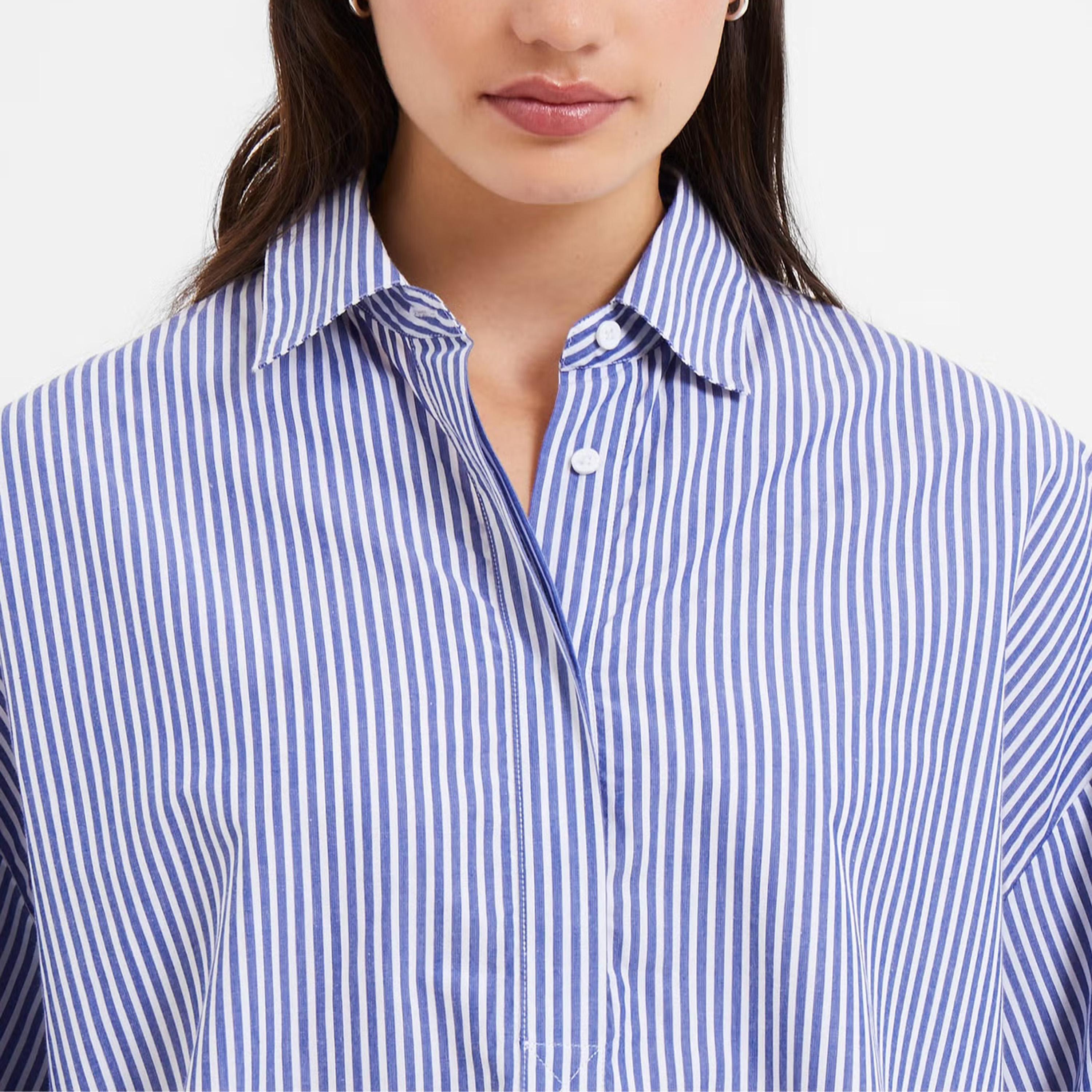 قميص قطن حريمي بياقة وأكتاف ساقطة ومخطط باللون الأزرق من فرينش كونكشن-women-clothing-shirtsandblouses-shirts-image-3