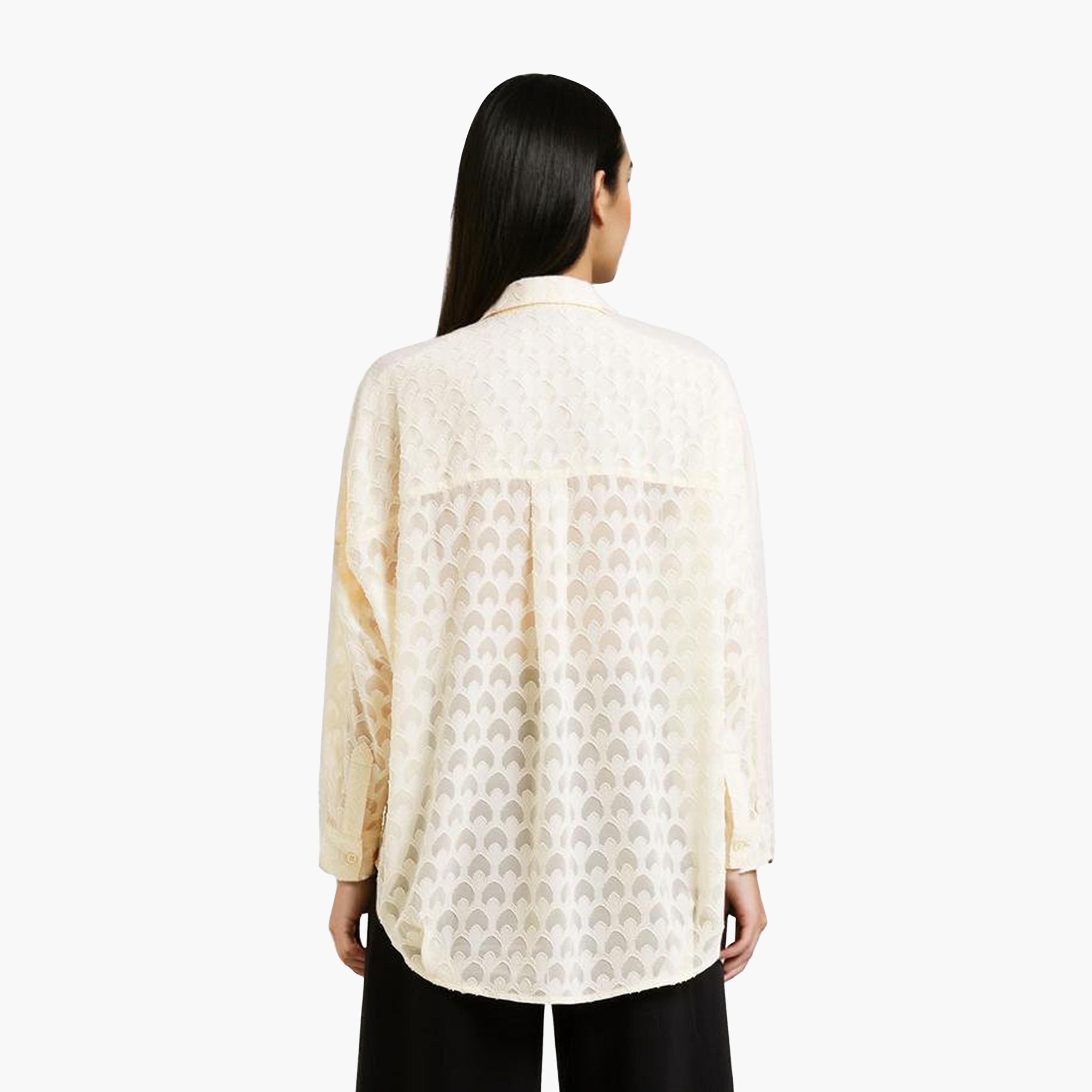 قميص نسائي كريمي اللون جاكار، بياقة وأكمام منسدلة من فرينش كونيكشن-women-clothing-shirtsandblouses-shirts-image-3