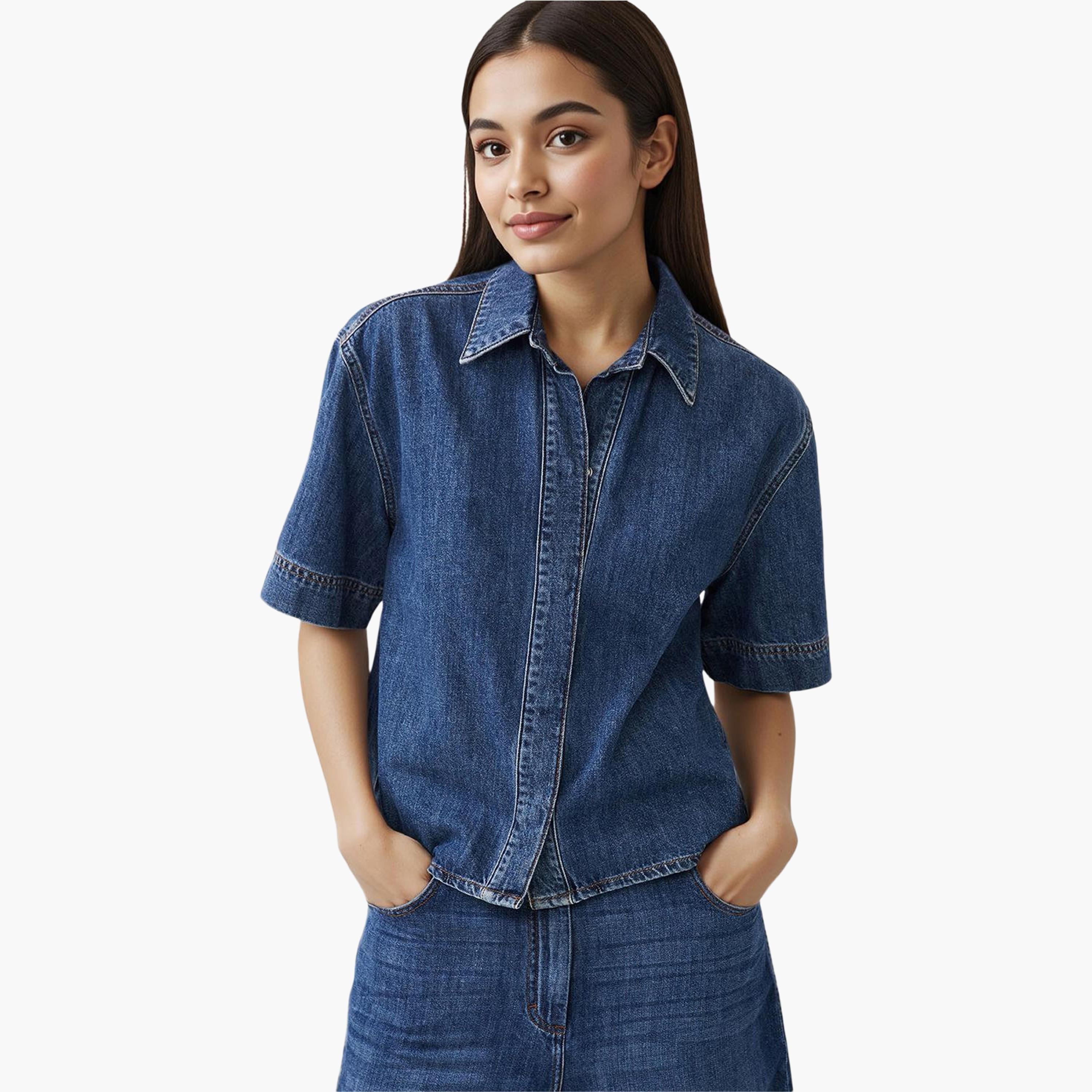 French Connection Blue Cotton Collared Women's Shirt-women-clothing-shirtsandblouses-shirts-image-1