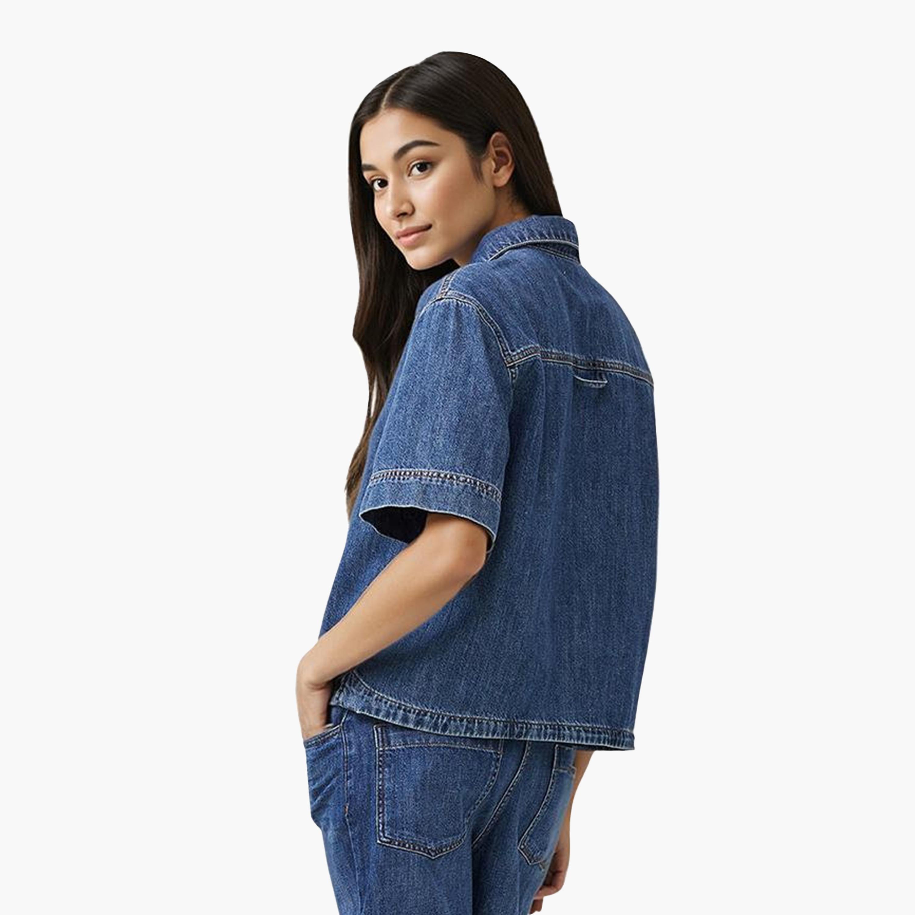 French Connection Blue Cotton Collared Women's Shirt-women-clothing-shirtsandblouses-shirts-image-3