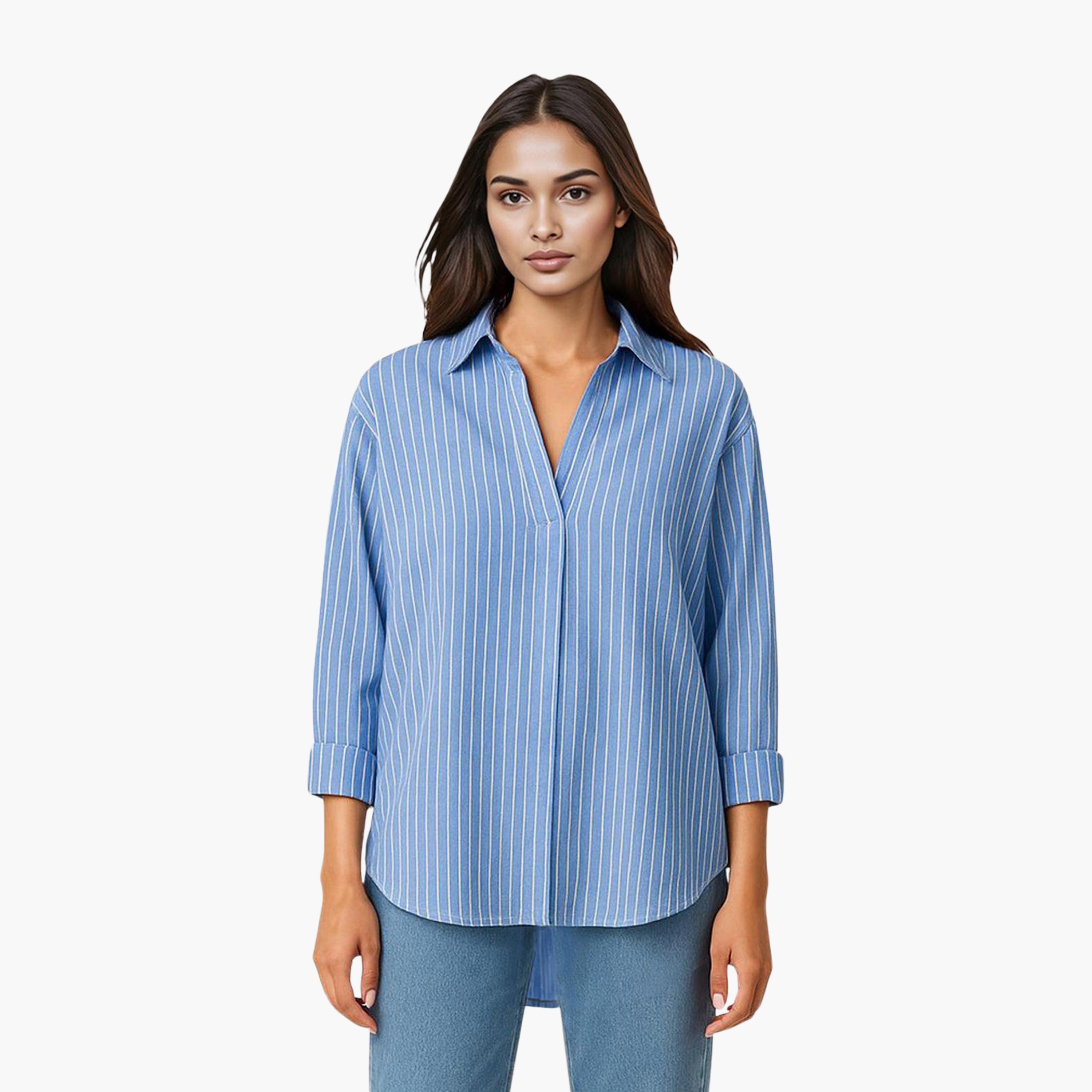 French Connection Blue Striped Cotton Collared Women's Shirt-women-clothing-shirtsandblouses-shirts-image-1