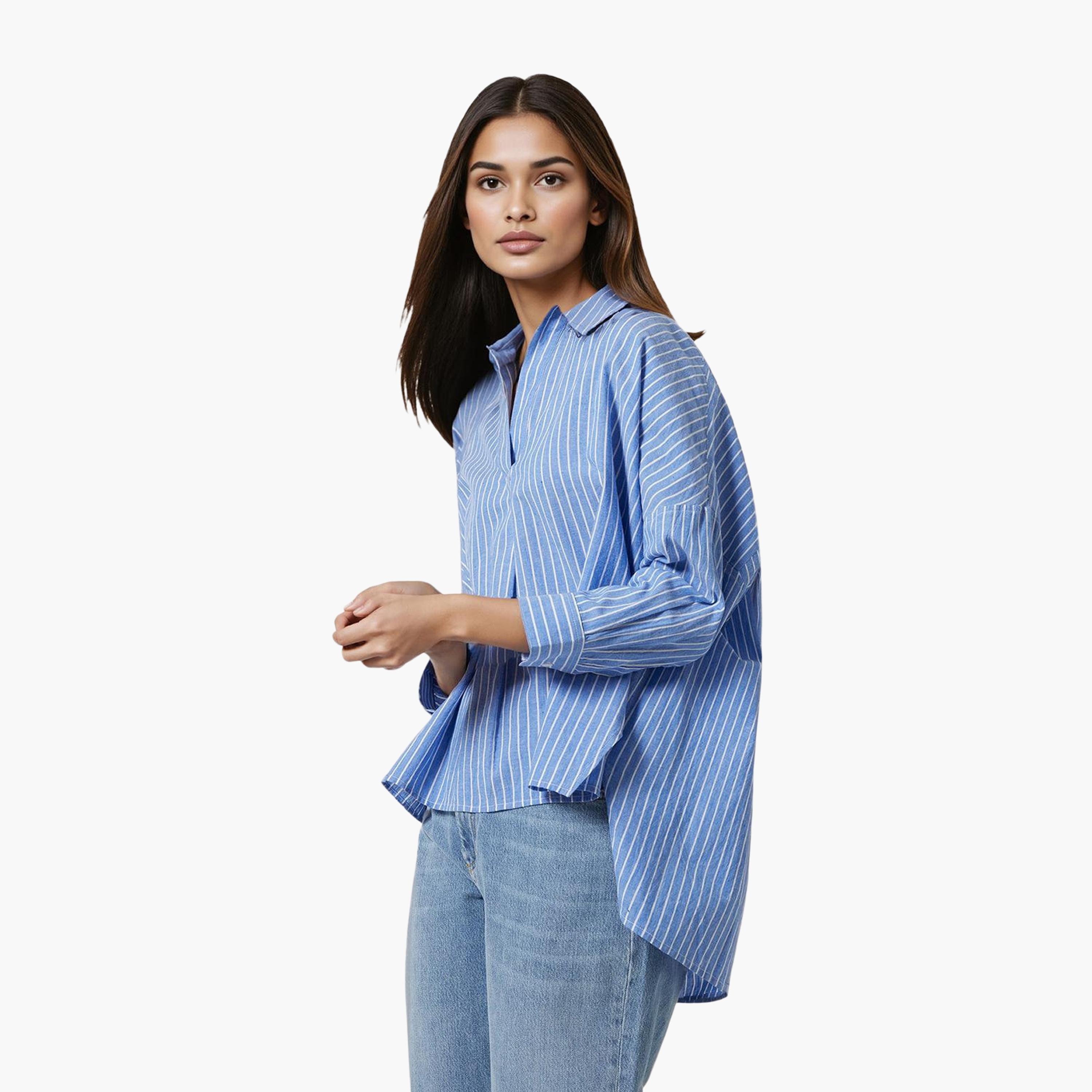 French Connection Blue Striped Cotton Collared Women's Shirt-women-clothing-shirtsandblouses-shirts-image-2