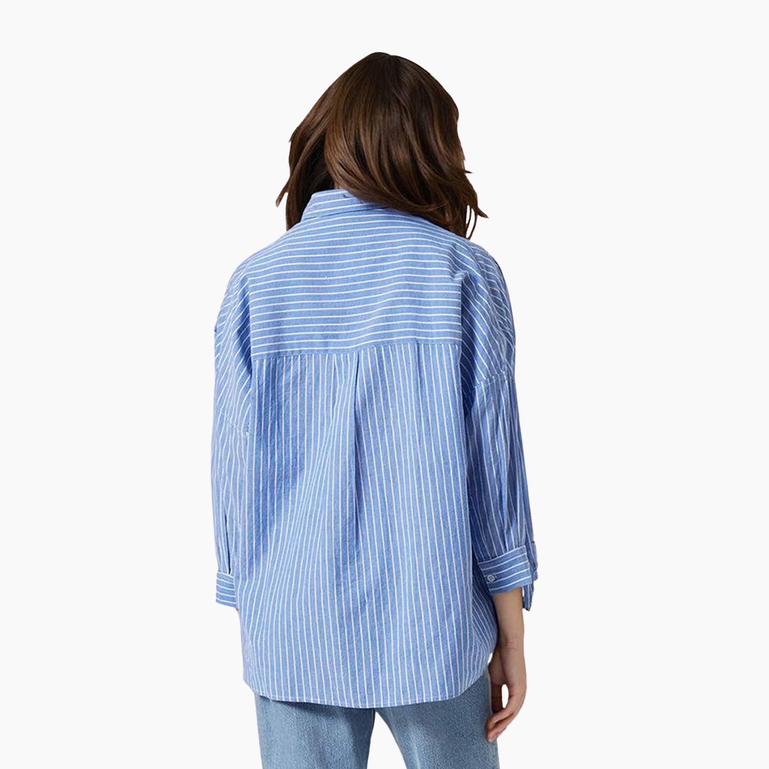 French Connection Blue Striped Cotton Collared Women's Shirt-women-clothing-shirtsandblouses-shirts-image-3