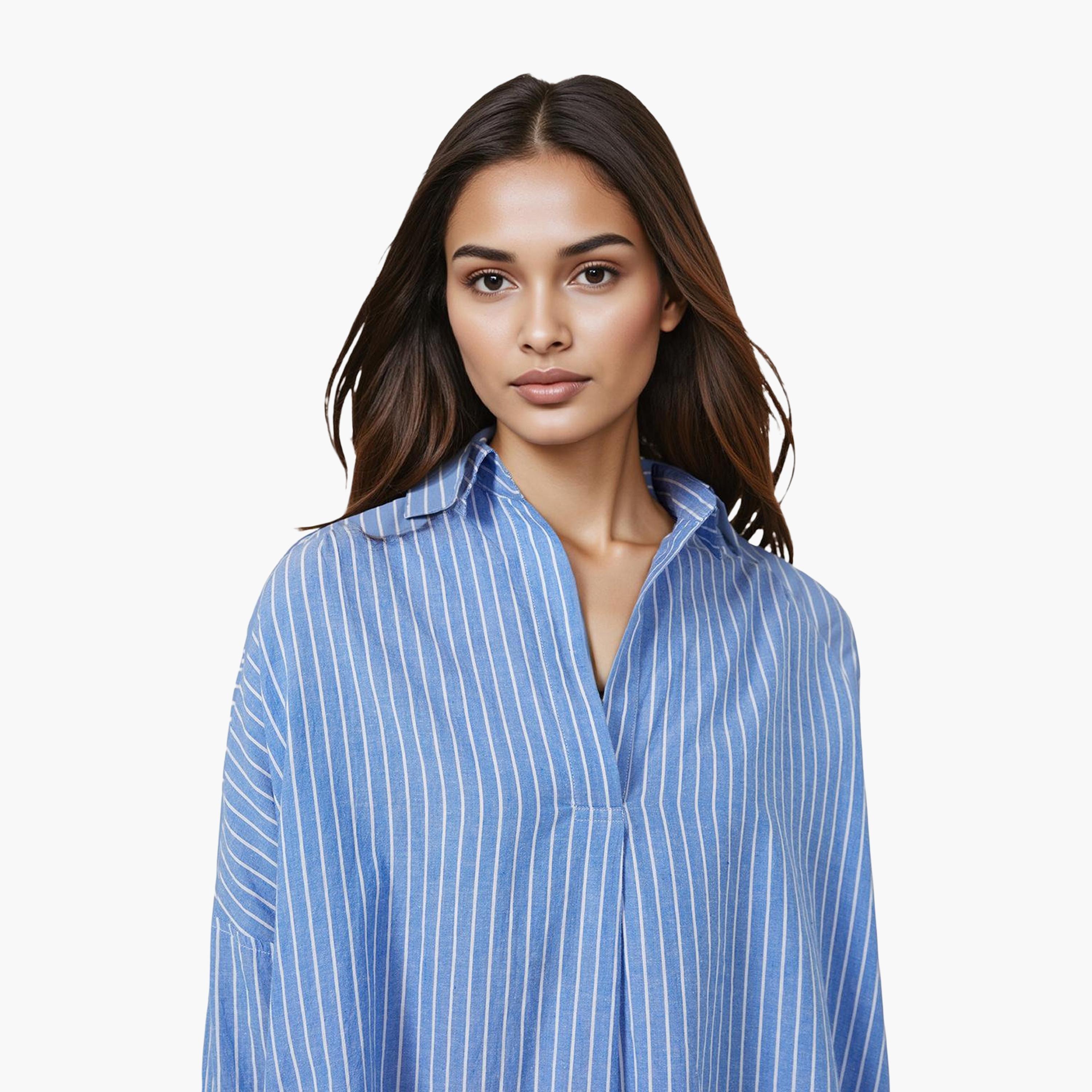 French Connection Blue Striped Cotton Collared Women's Shirt-women-clothing-shirtsandblouses-shirts-image-4