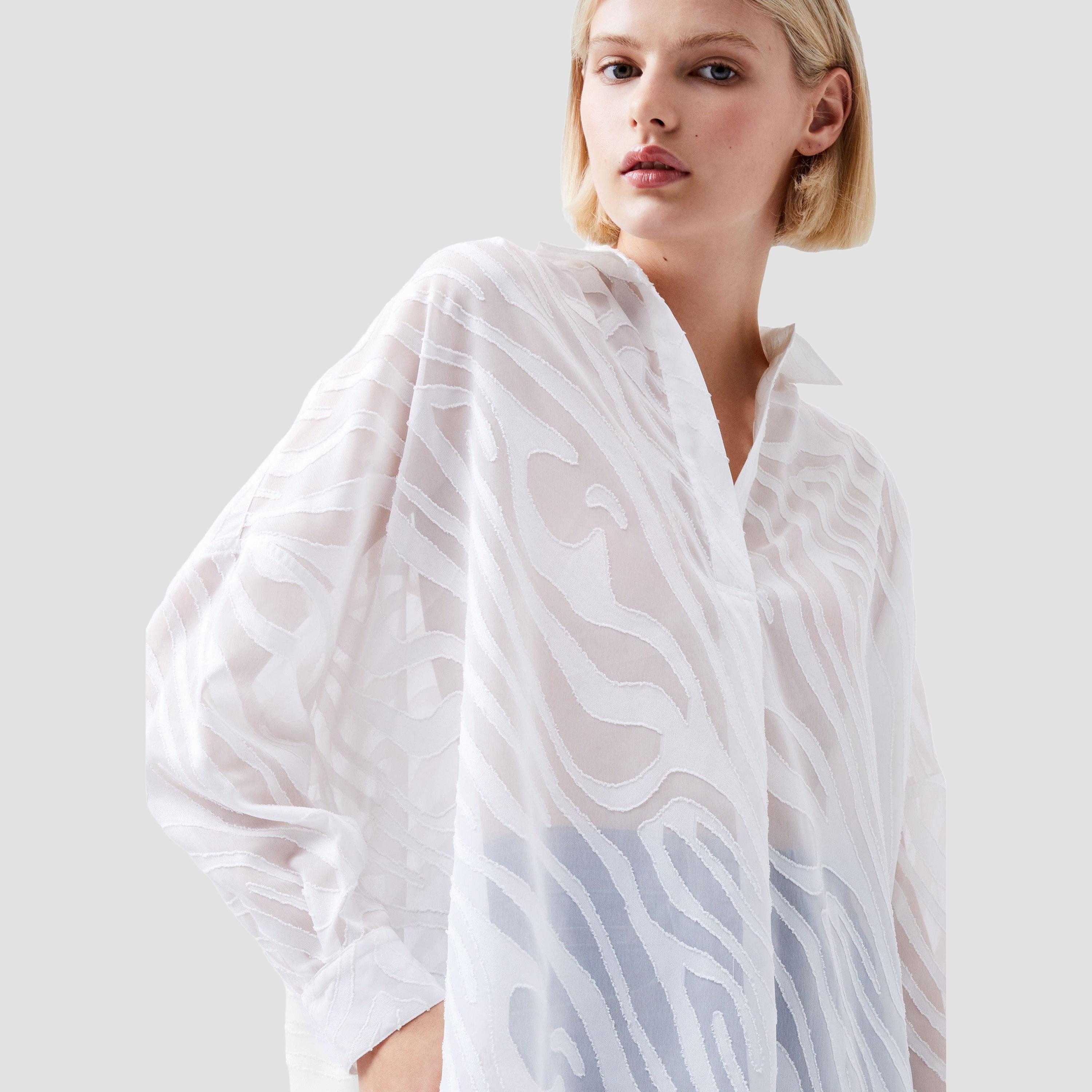 French Connection White Jacquard Collared Dropped Sleeves Women's Shirt-women-clothing-shirtsandblouses-shirts-image-4