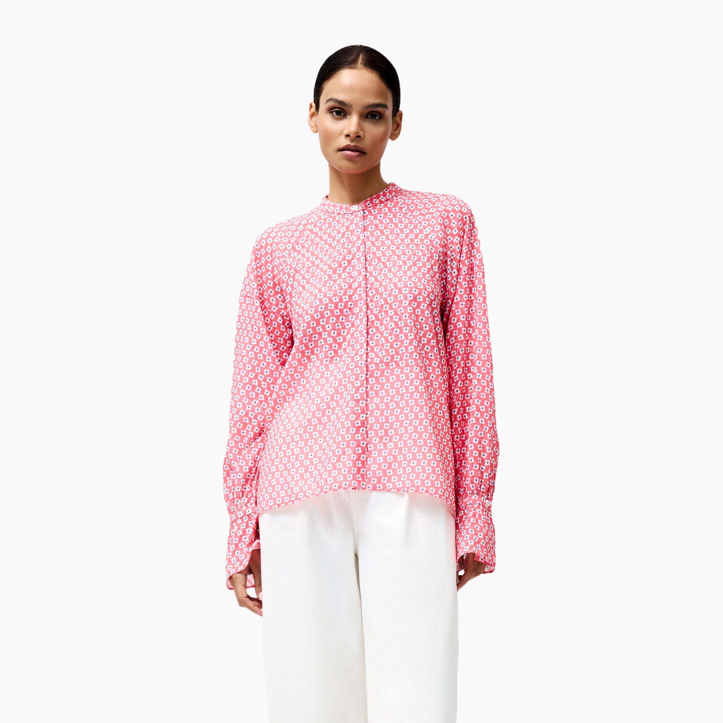 French Connection Pink Floral Print Mandarin Collar Dropped Sleeves Women's Top-women-clothing-shirtsandblouses-blouses-image-1