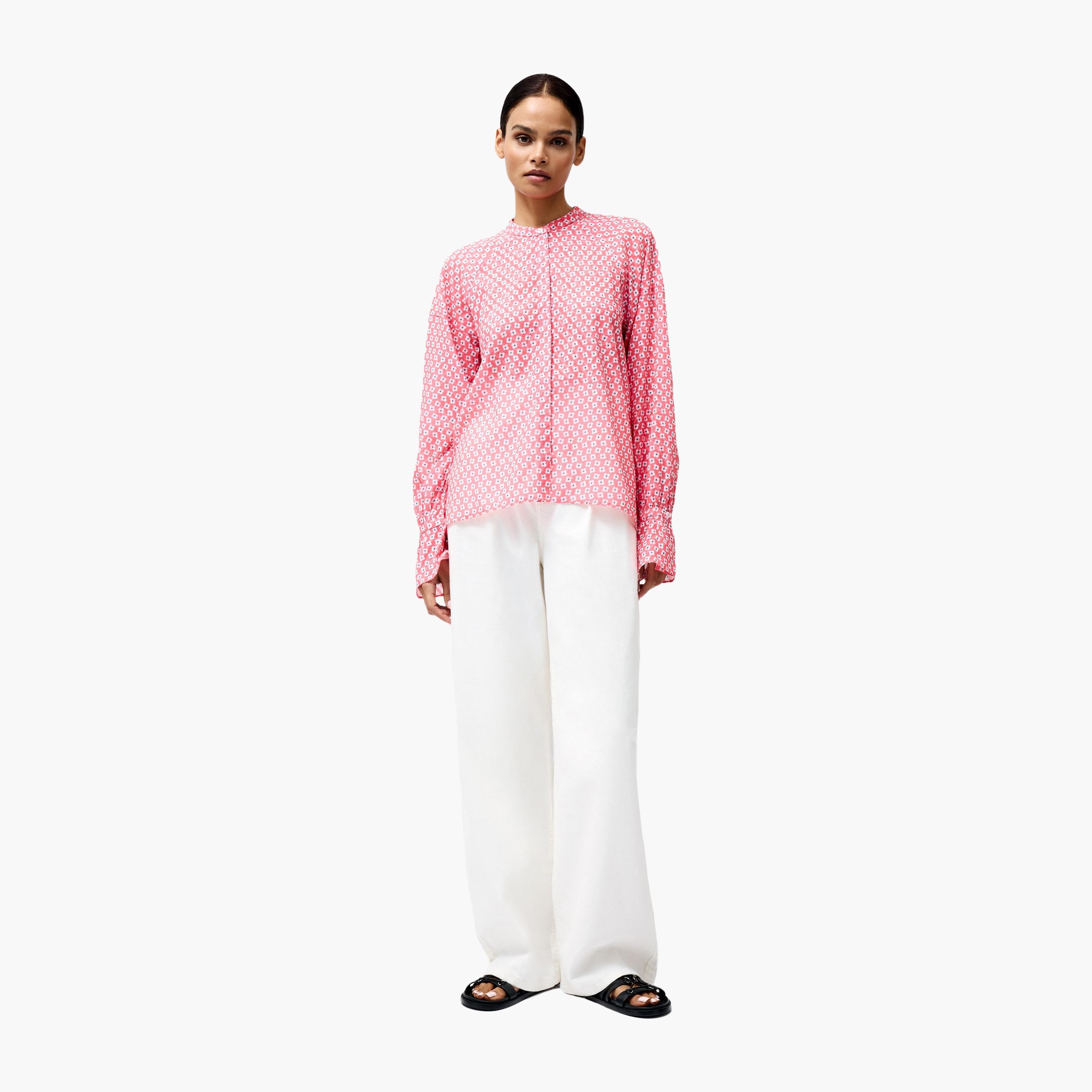 French Connection Pink Floral Print Mandarin Collar Dropped Sleeves Women's Top-women-clothing-shirtsandblouses-blouses-image-2