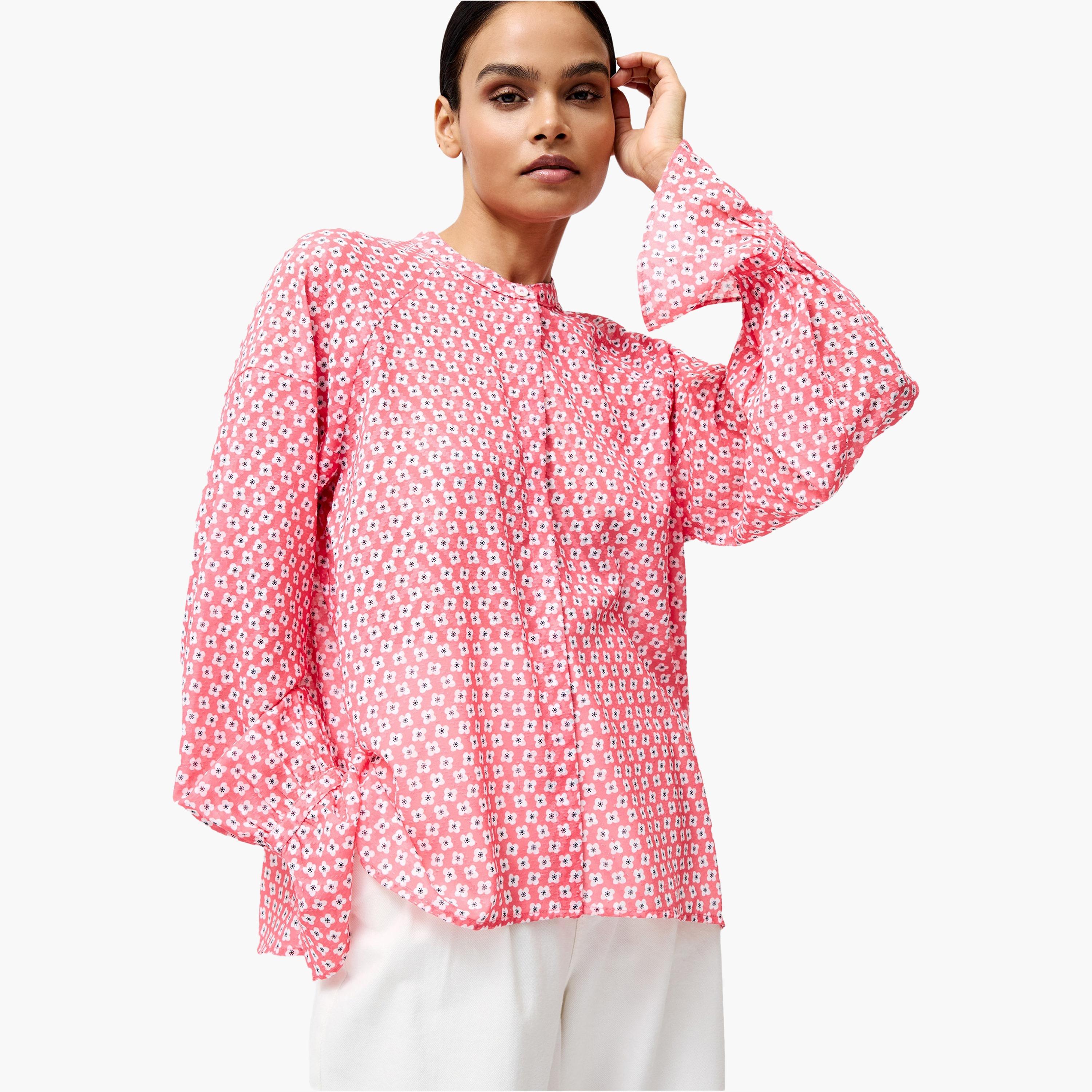 French Connection Pink Floral Print Mandarin Collar Dropped Sleeves Women's Top-women-clothing-shirtsandblouses-blouses-image-5