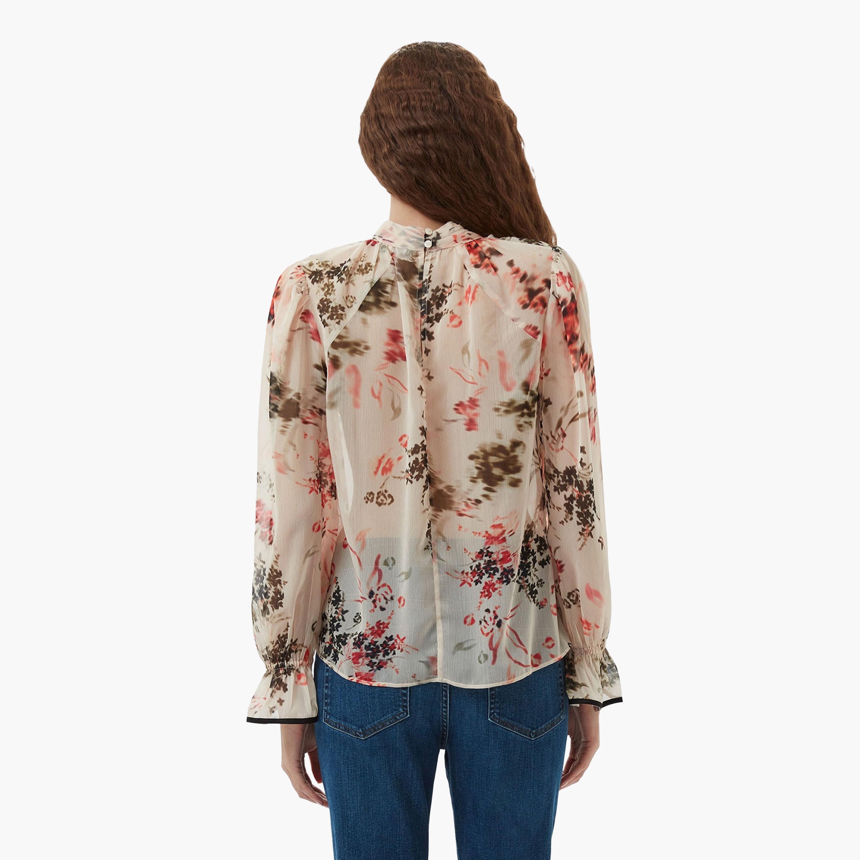 بلوزة نسائية بيج اللون بنقشة زهور ورقبة عالية من فرينش كونيكشن-women-clothing-shirtsandblouses-blouses-image-3