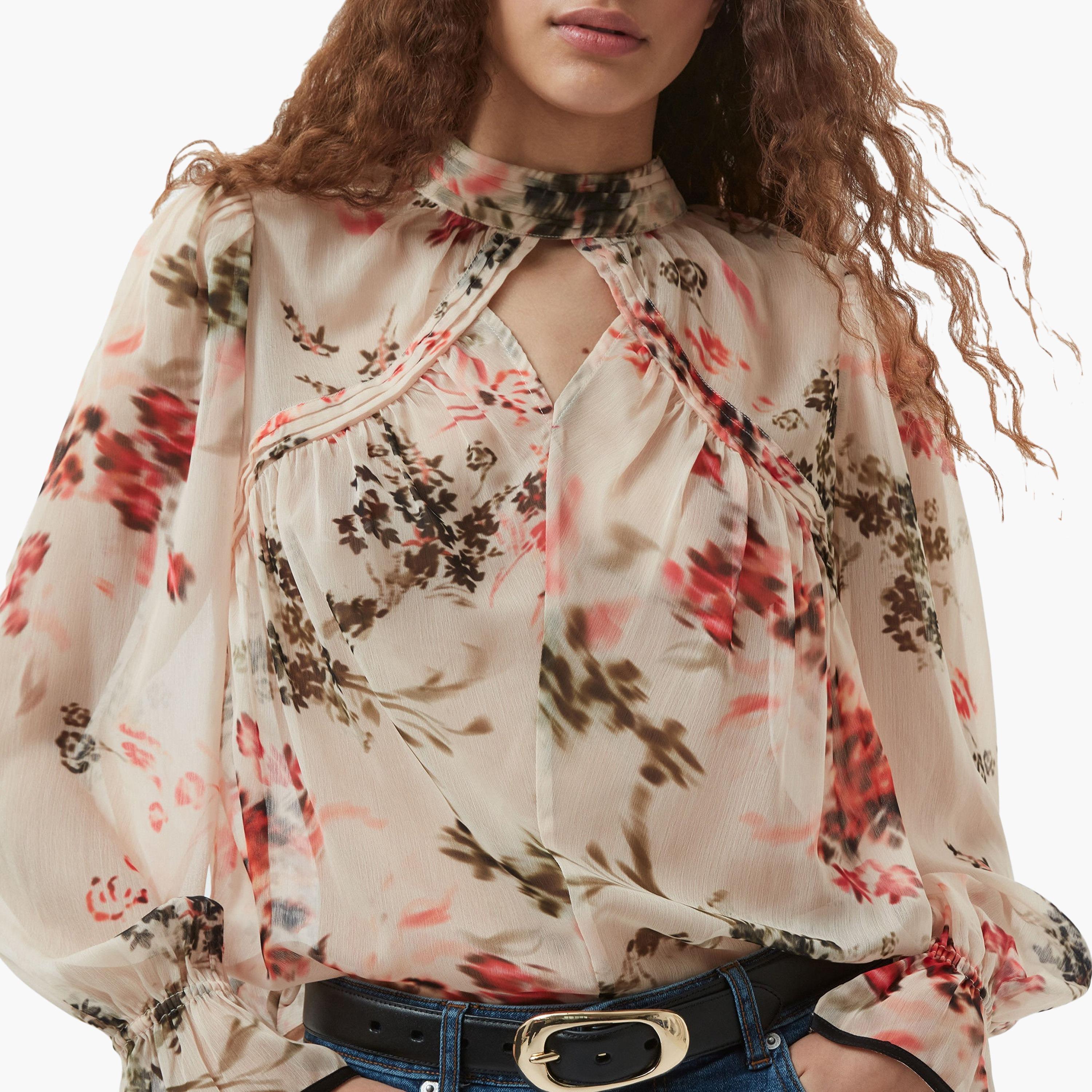 بلوزة نسائية بيج اللون بنقشة زهور ورقبة عالية من فرينش كونيكشن-women-clothing-shirtsandblouses-blouses-image-4
