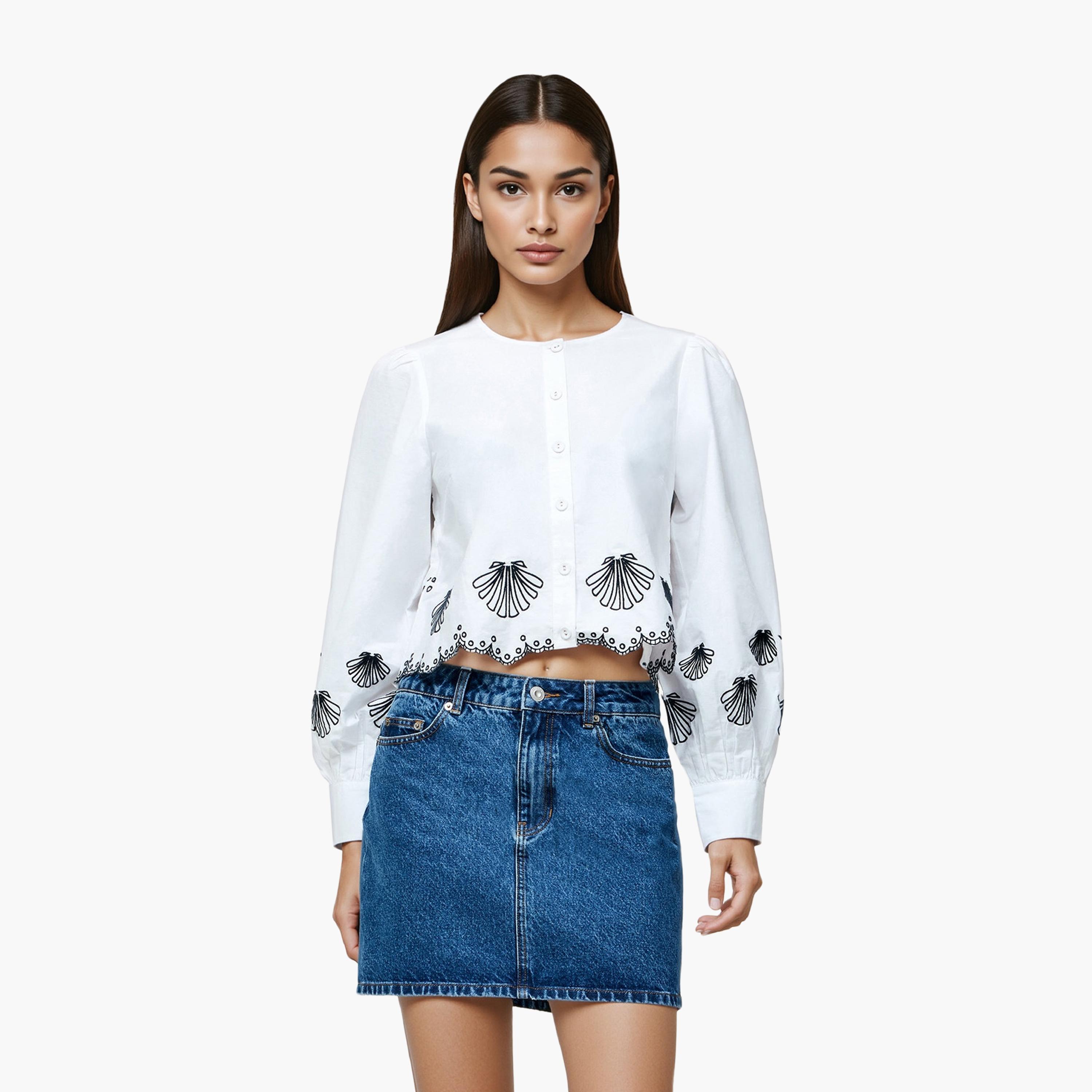 French Connection White Embroidered Cotton Puff Sleeves Women's Top-women-clothing-shirtsandblouses-blouses-image-1