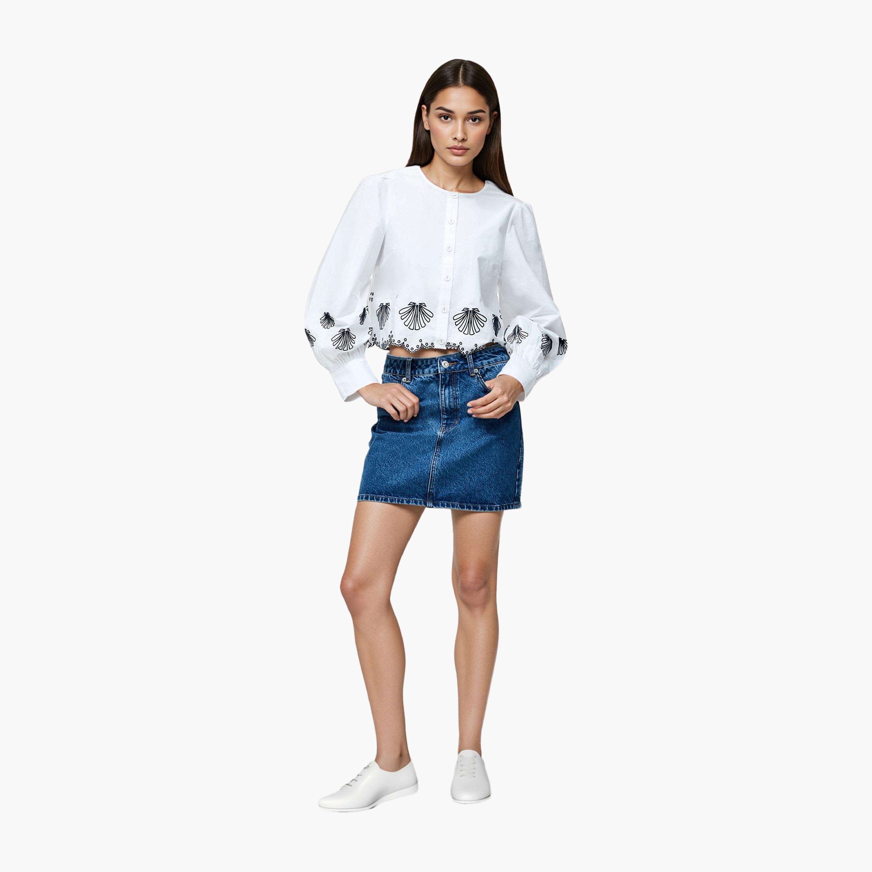 French Connection White Embroidered Cotton Puff Sleeves Women's Top-women-clothing-shirtsandblouses-blouses-image-2