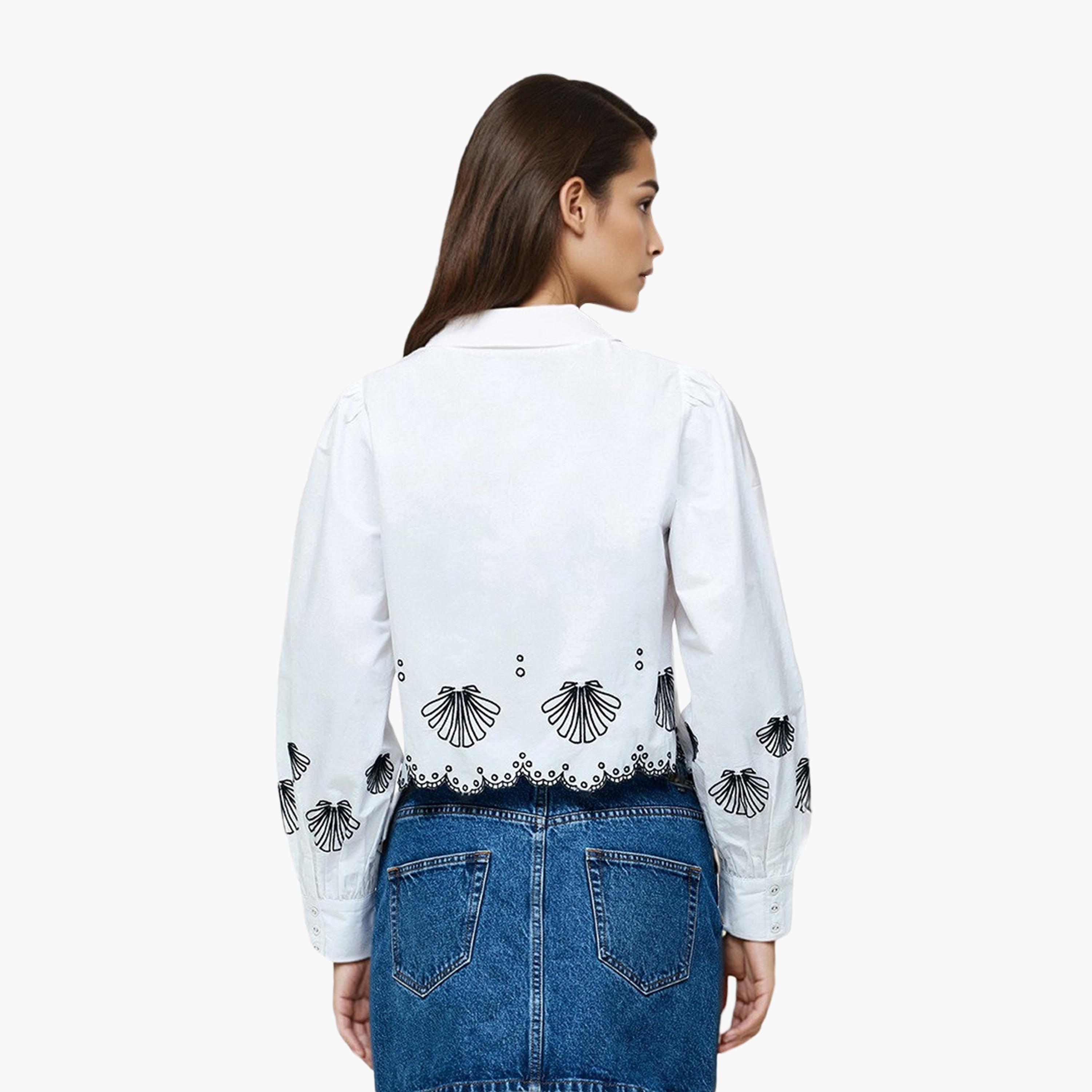 French Connection White Embroidered Cotton Puff Sleeves Women's Top-women-clothing-shirtsandblouses-blouses-image-3