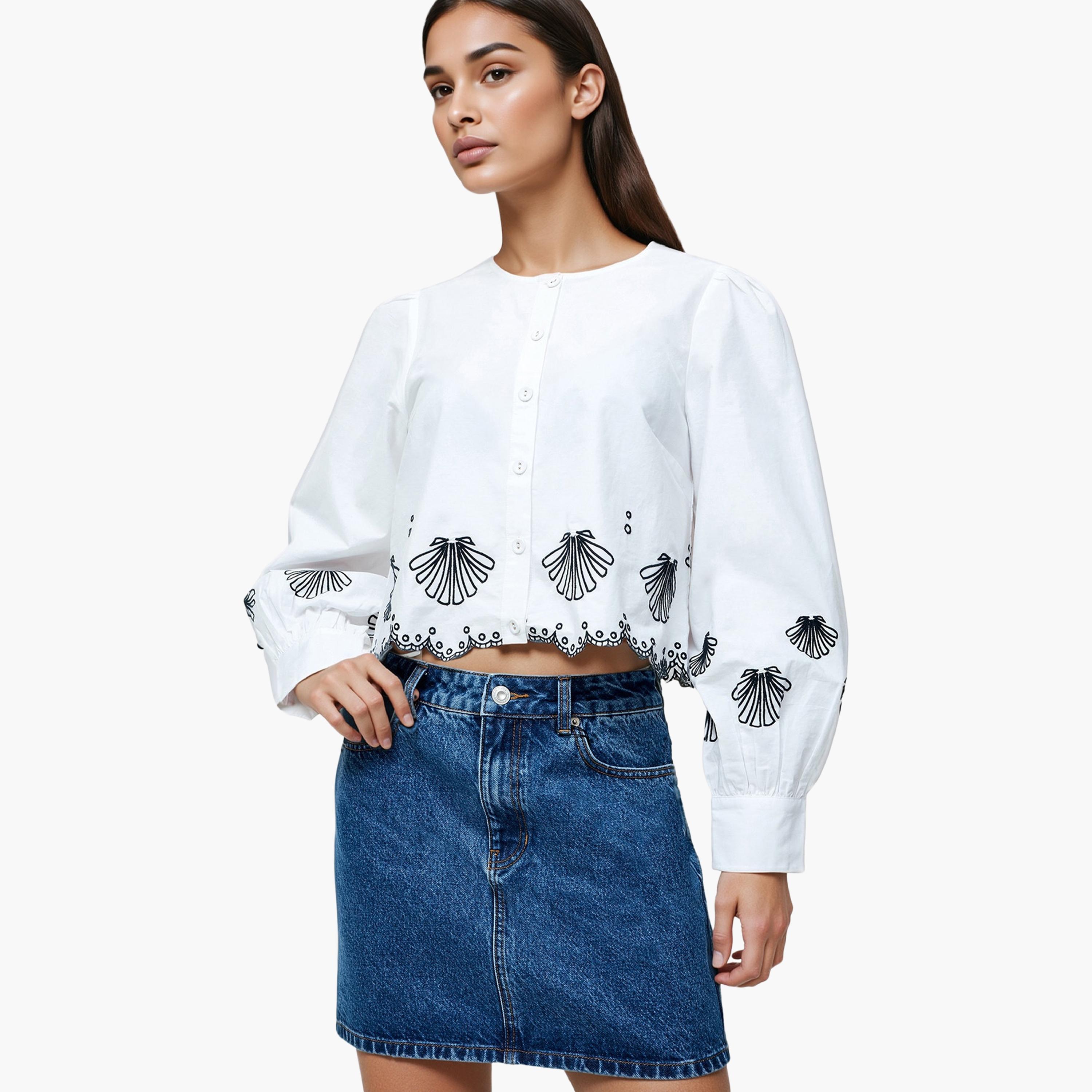 French Connection White Embroidered Cotton Puff Sleeves Women's Top-women-clothing-shirtsandblouses-blouses-image-4