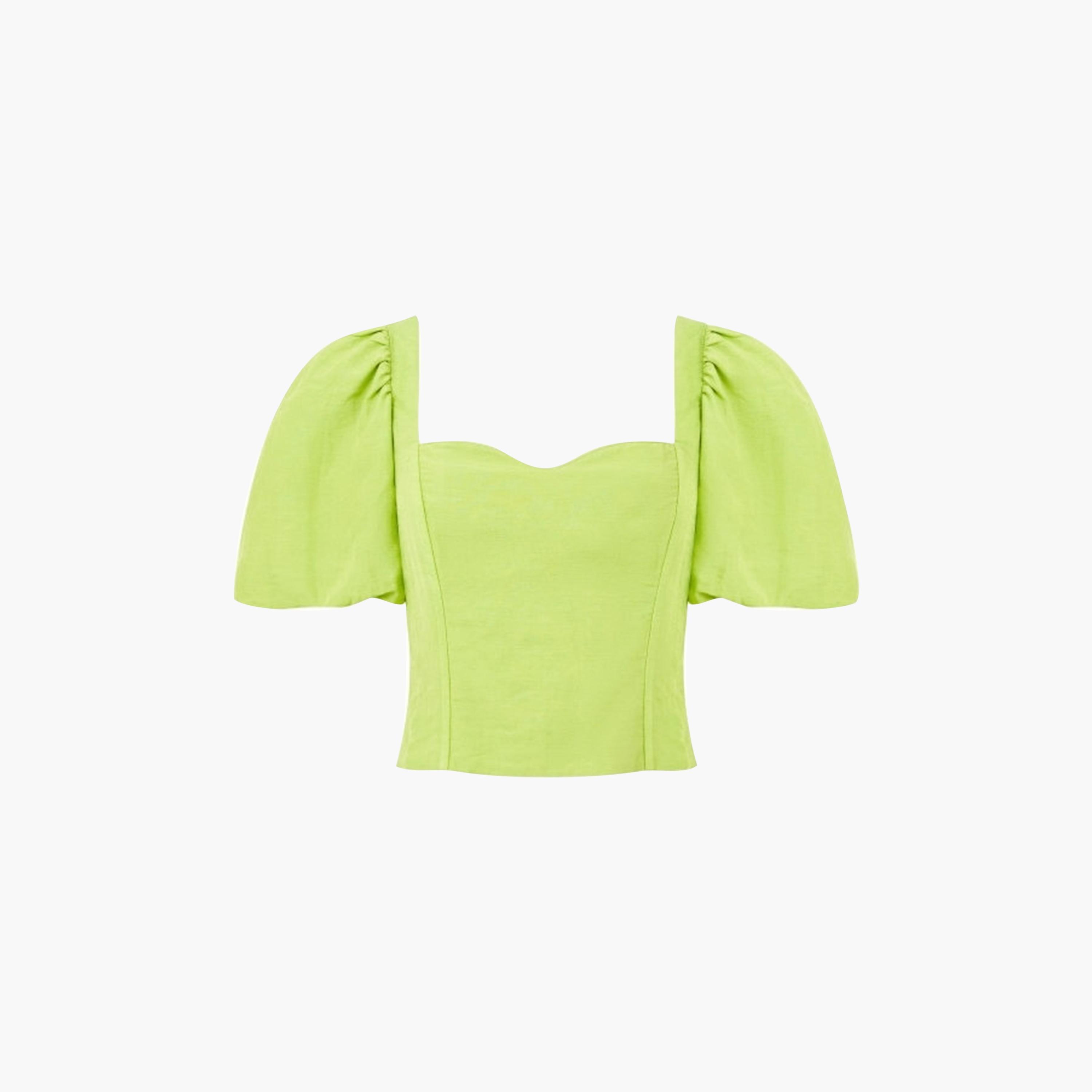 بلوزة نسائية خضراء بياقة على شكل قلب وأكمام منفوخة من فرينش كونيكشن-women-clothing-shirtsandblouses-blouses-image-4