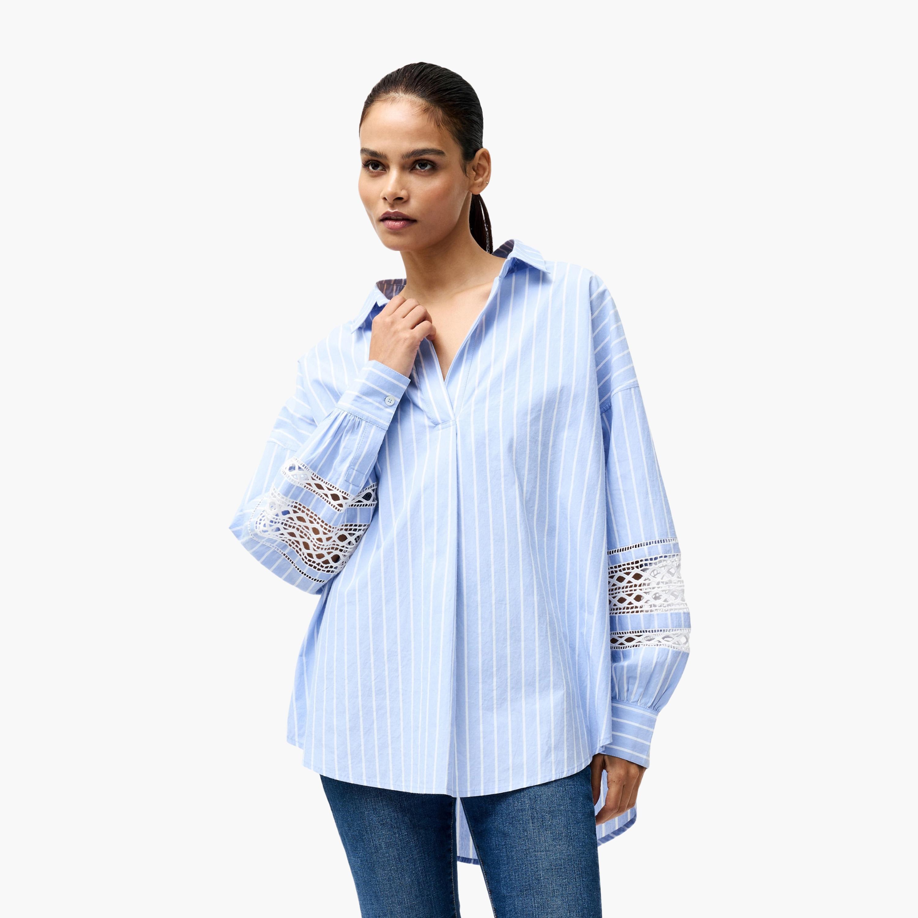 قميص نسائي أزرق مخطط بياقة وأكمام منسدلة من فرينش كونيكشن-women-clothing-shirtsandblouses-shirts-image-1