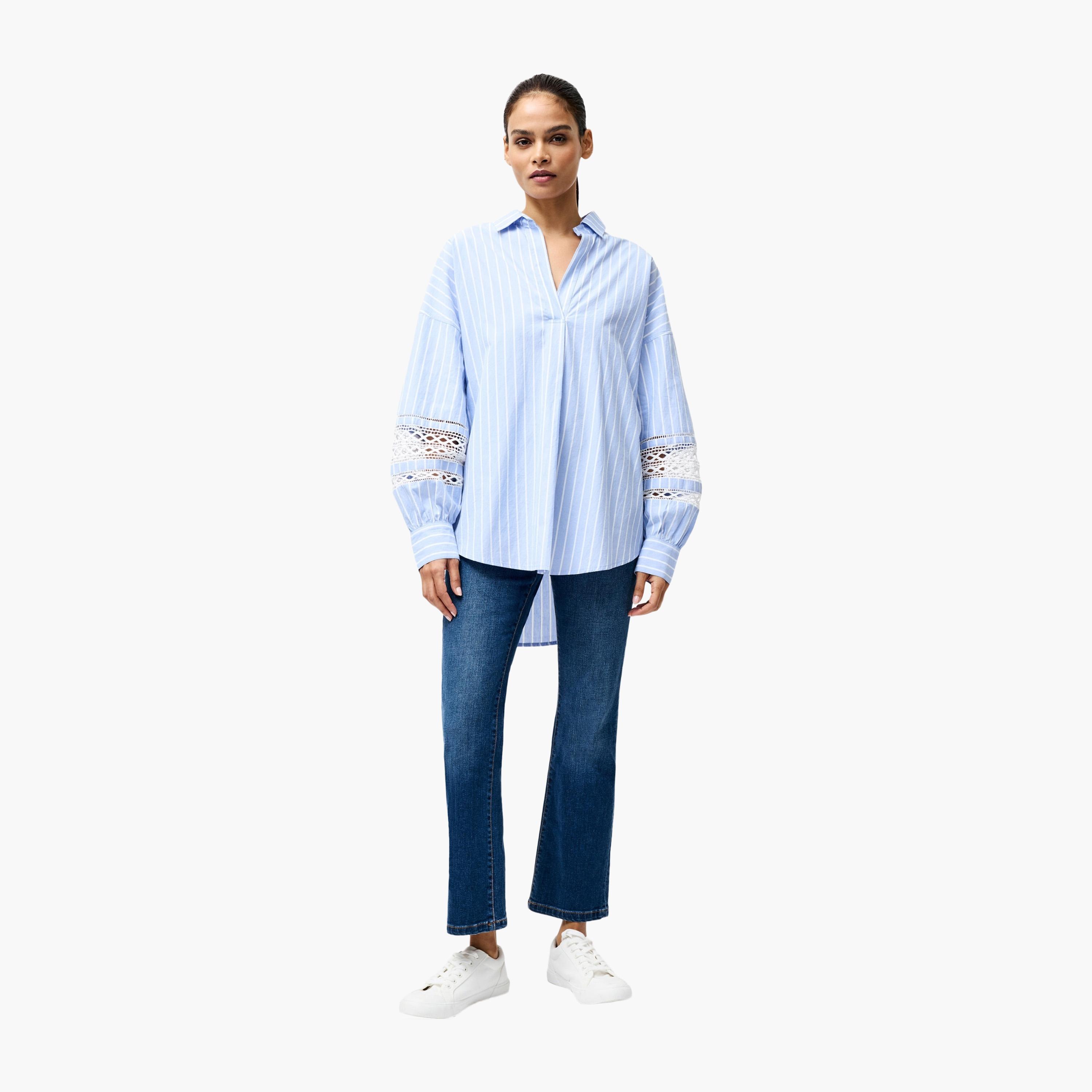 قميص نسائي أزرق مخطط بياقة وأكمام منسدلة من فرينش كونيكشن-women-clothing-shirtsandblouses-shirts-image-2
