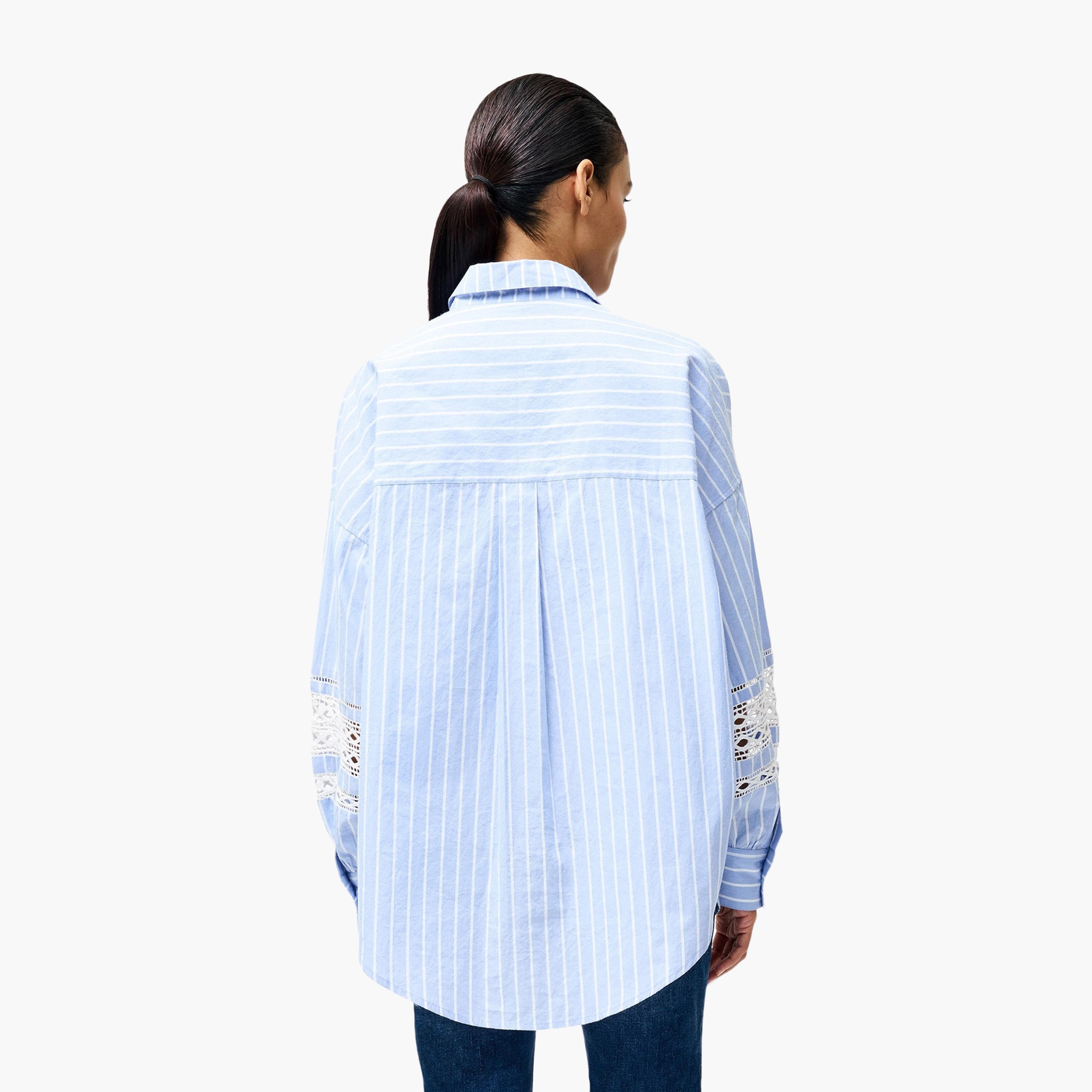 قميص نسائي أزرق مخطط بياقة وأكمام منسدلة من فرينش كونيكشن-women-clothing-shirtsandblouses-shirts-image-3