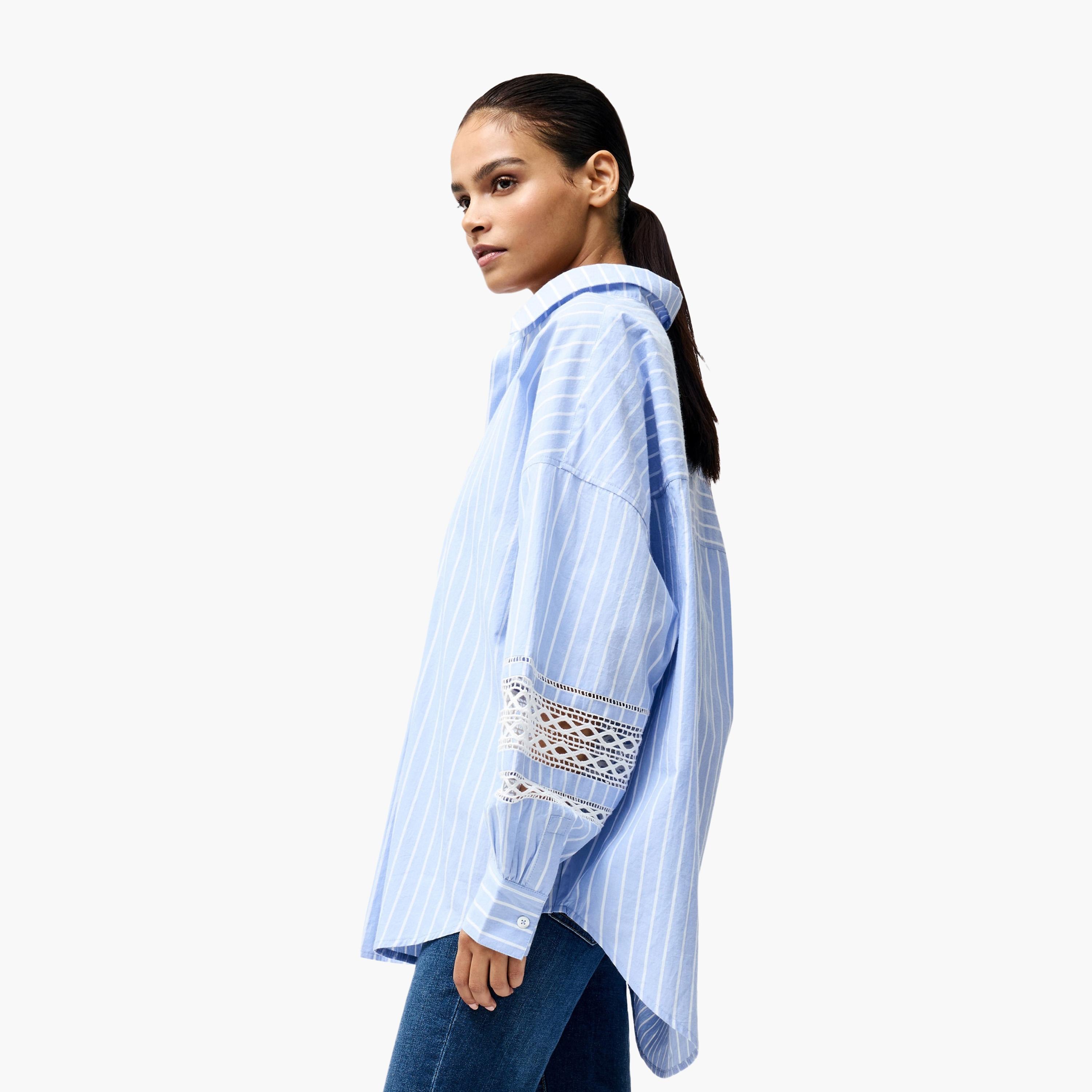 قميص نسائي أزرق مخطط بياقة وأكمام منسدلة من فرينش كونيكشن-women-clothing-shirtsandblouses-shirts-image-4