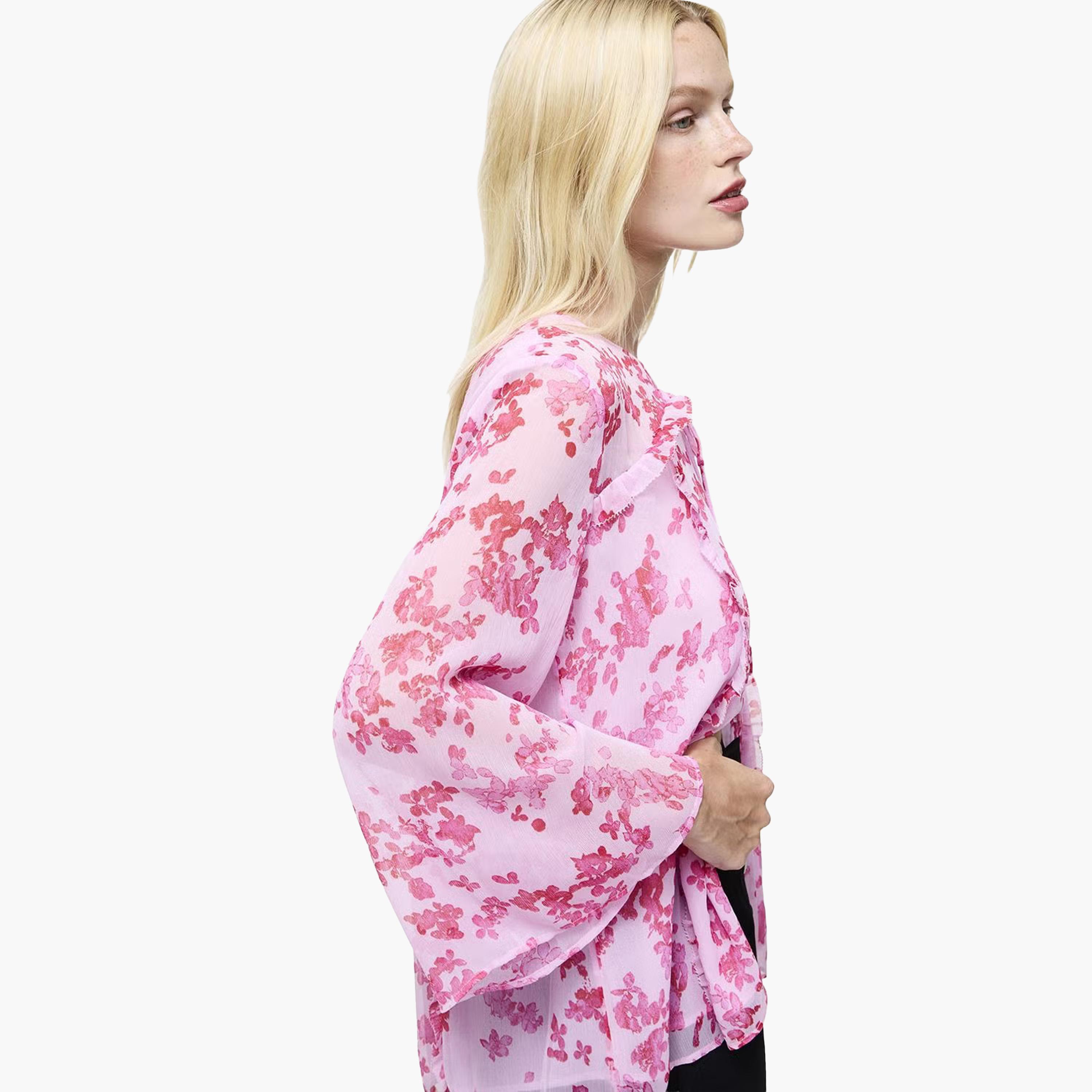 French Connection Pink Floral Print Flared Sleeves Women's Top-women-clothing-shirtsandblouses-blouses-image-2