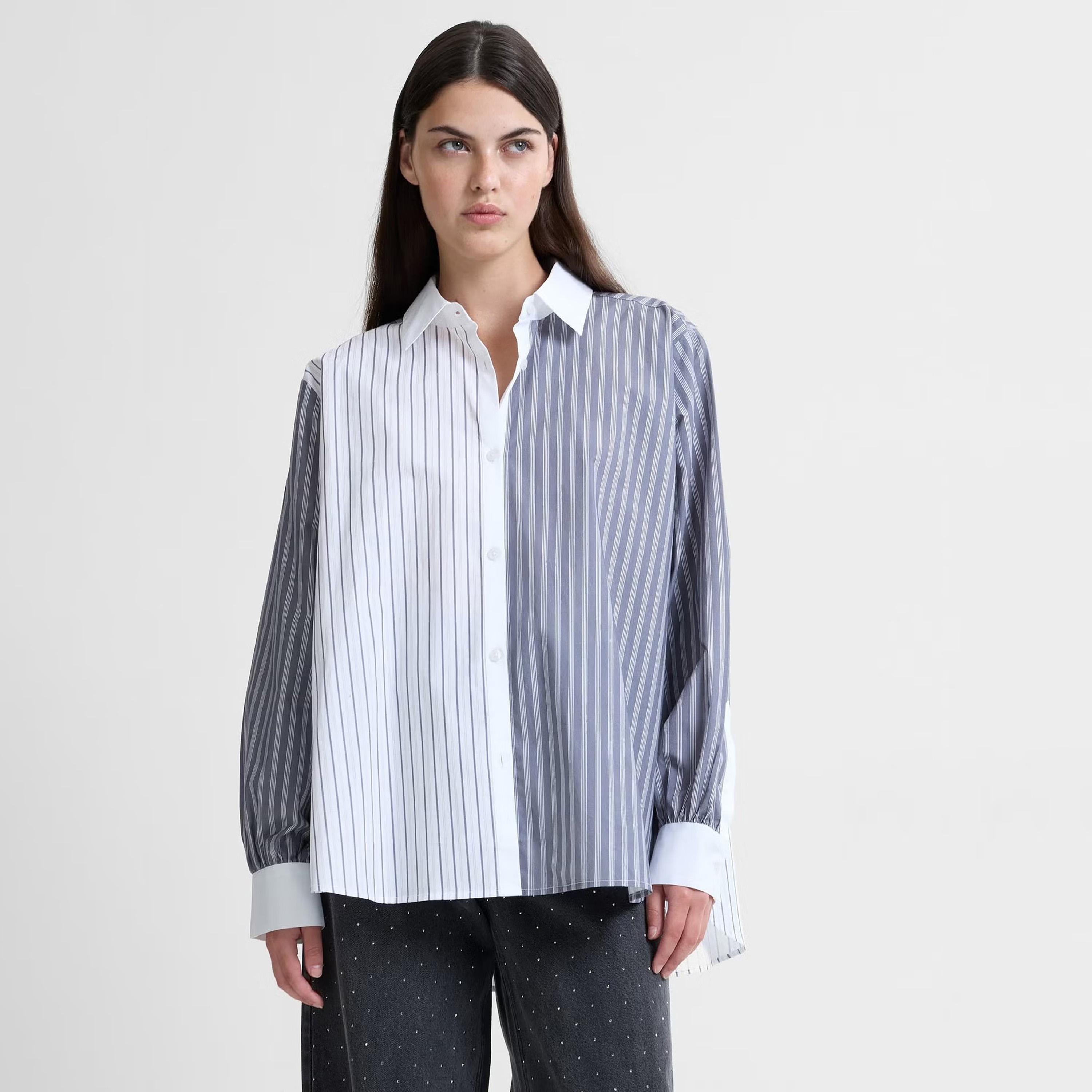 قميص قطن حريمي بياقة بتصميم كتل ألوان ومخطط باللون الأبيض من فرينش كونكشن-women-clothing-shirtsandblouses-shirts-image-1