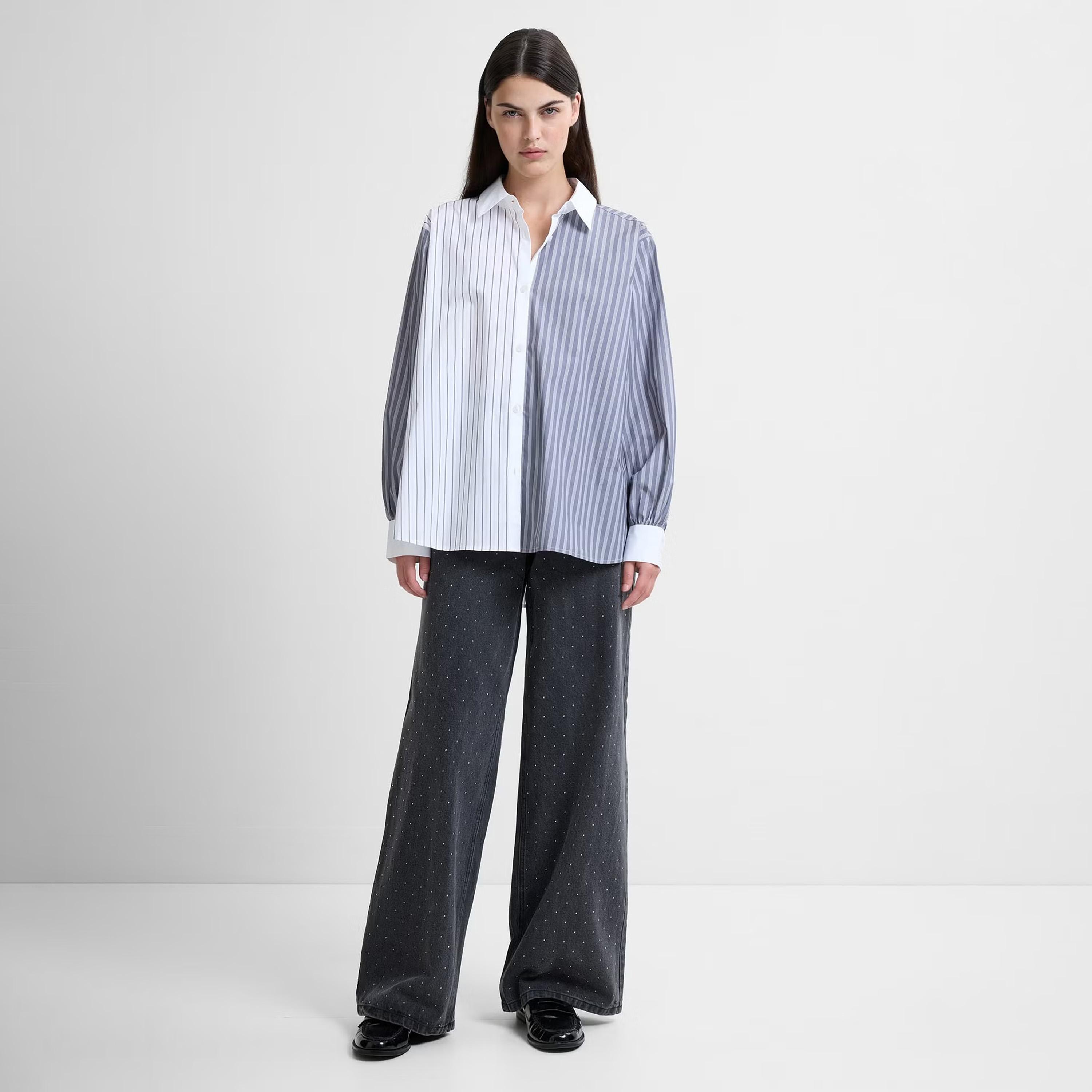 قميص قطن حريمي بياقة بتصميم كتل ألوان ومخطط باللون الأبيض من فرينش كونكشن-women-clothing-shirtsandblouses-shirts-image-2
