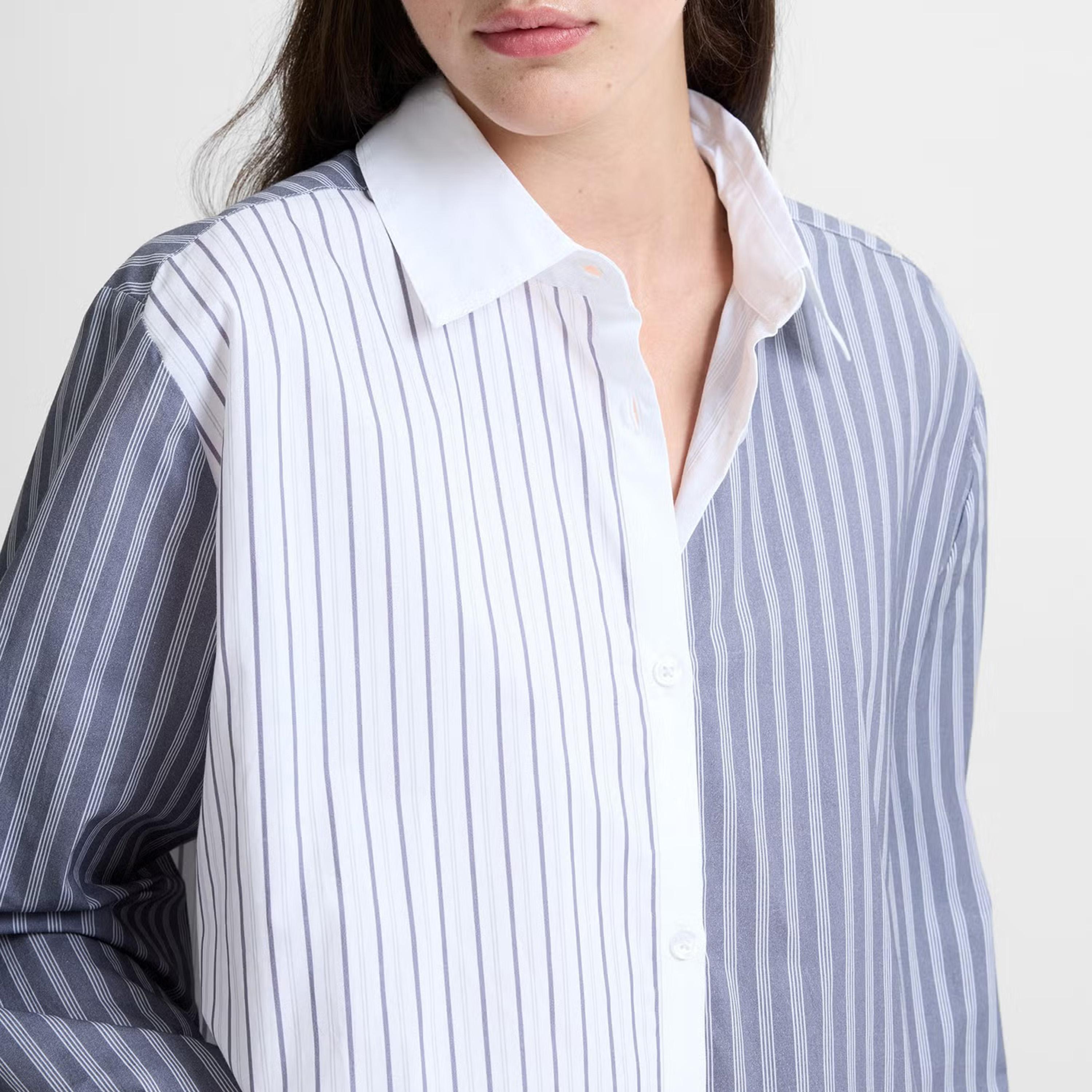 قميص قطن حريمي بياقة بتصميم كتل ألوان ومخطط باللون الأبيض من فرينش كونكشن-women-clothing-shirtsandblouses-shirts-image-4
