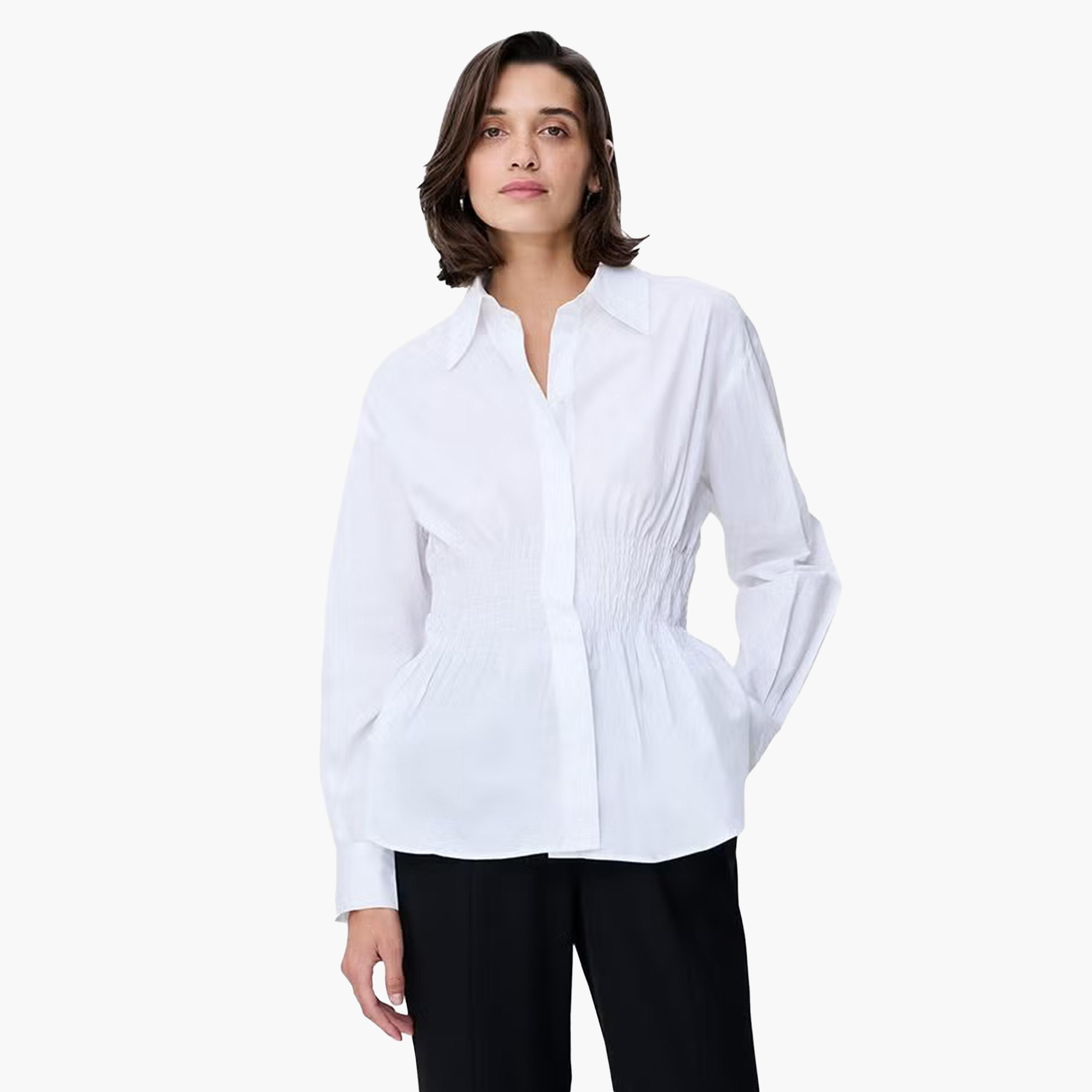 French Connection White Smocked Cotton Collared Women's Shirt-women-clothing-shirtsandblouses-shirts-image-1