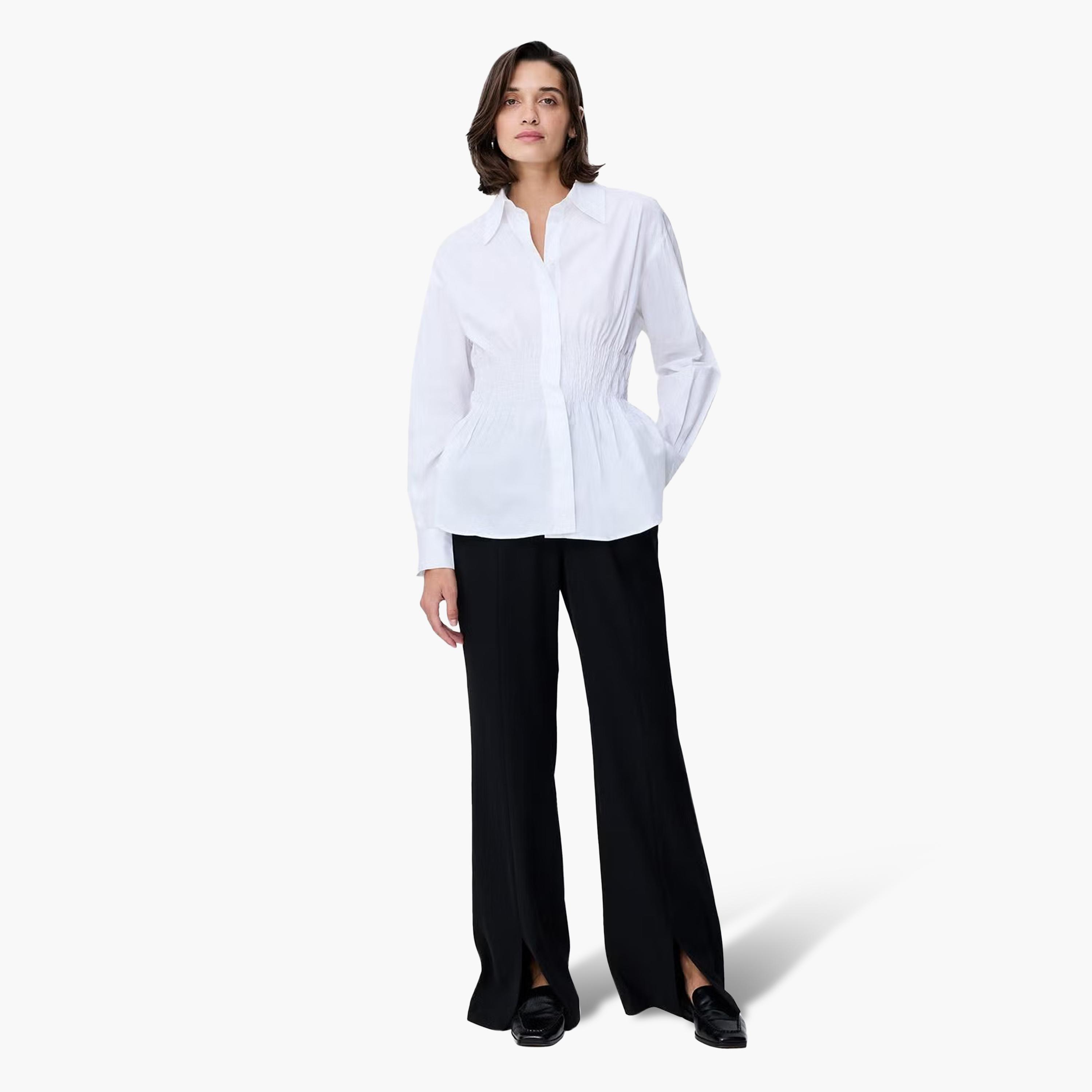 French Connection White Smocked Cotton Collared Women's Shirt-women-clothing-shirtsandblouses-shirts-image-2