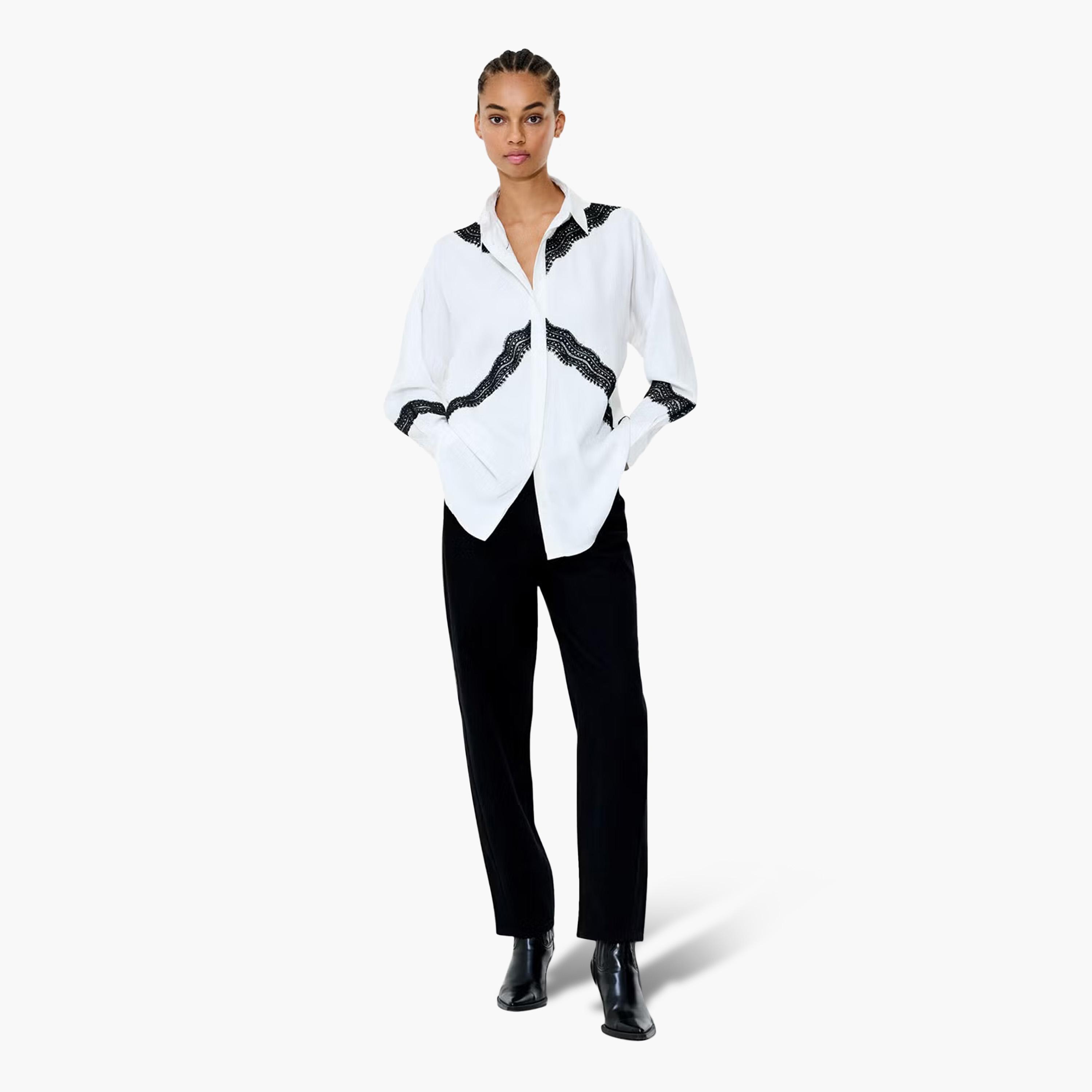قميص حريمي بأكتاف ساقطة وياقة ومزين بالدانتيل باللون الأبيض من فرينش كونكشن-women-clothing-shirtsandblouses-shirts-image-2