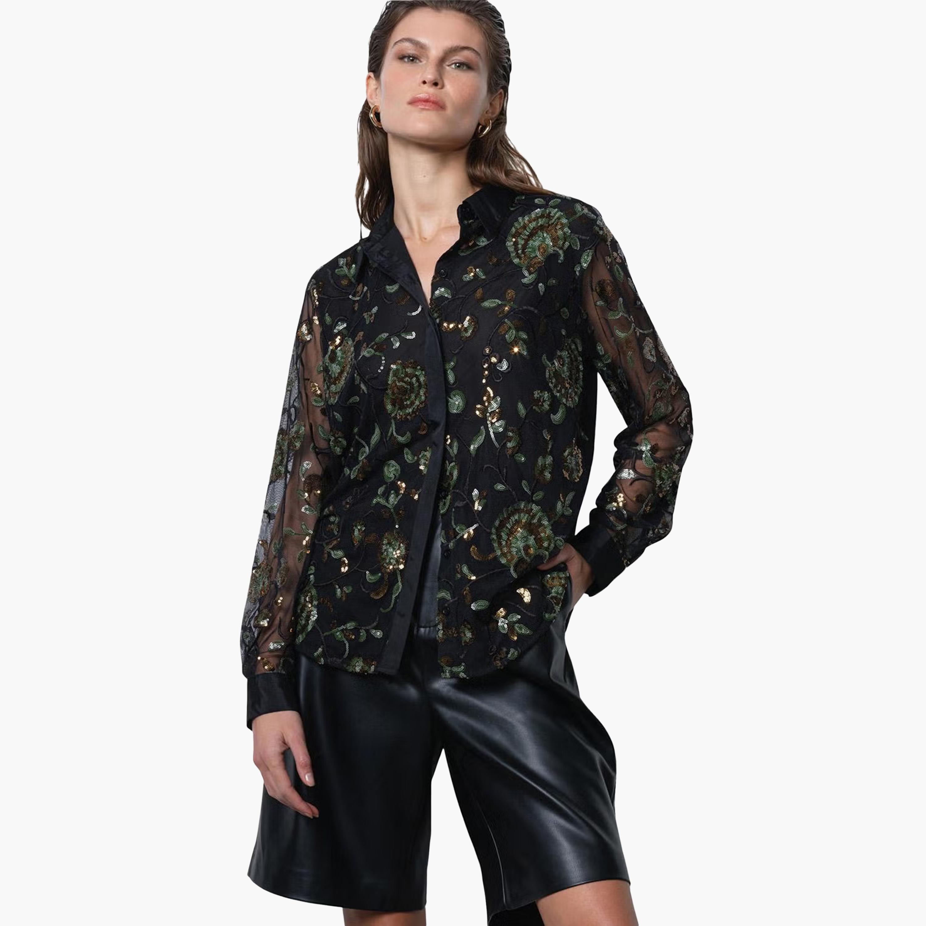 قميص حريمي بياقة ومزين بالترتر باللون الأسود من فرينش كونكشن-women-clothing-shirtsandblouses-shirts-image-1