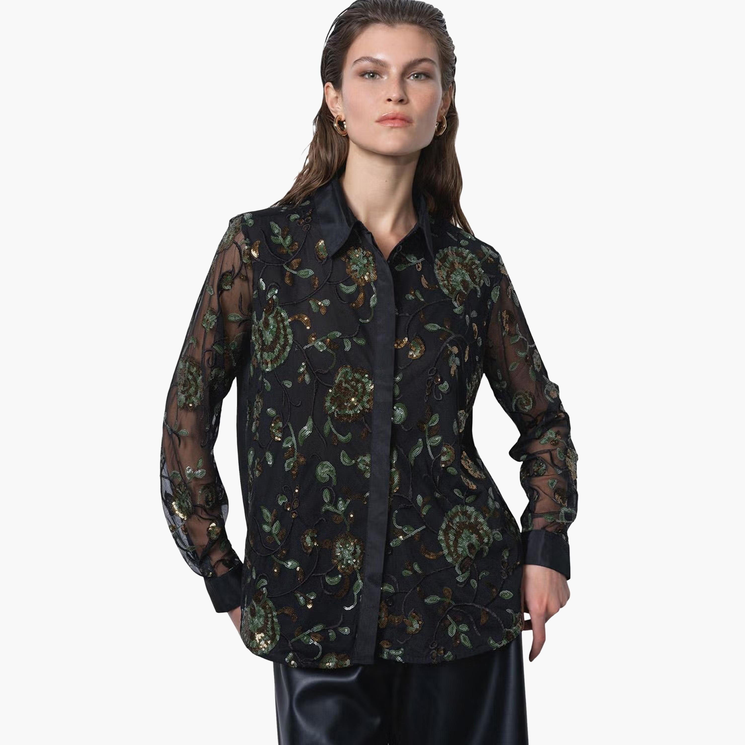 قميص حريمي بياقة ومزين بالترتر باللون الأسود من فرينش كونكشن-women-clothing-shirtsandblouses-shirts-image-3