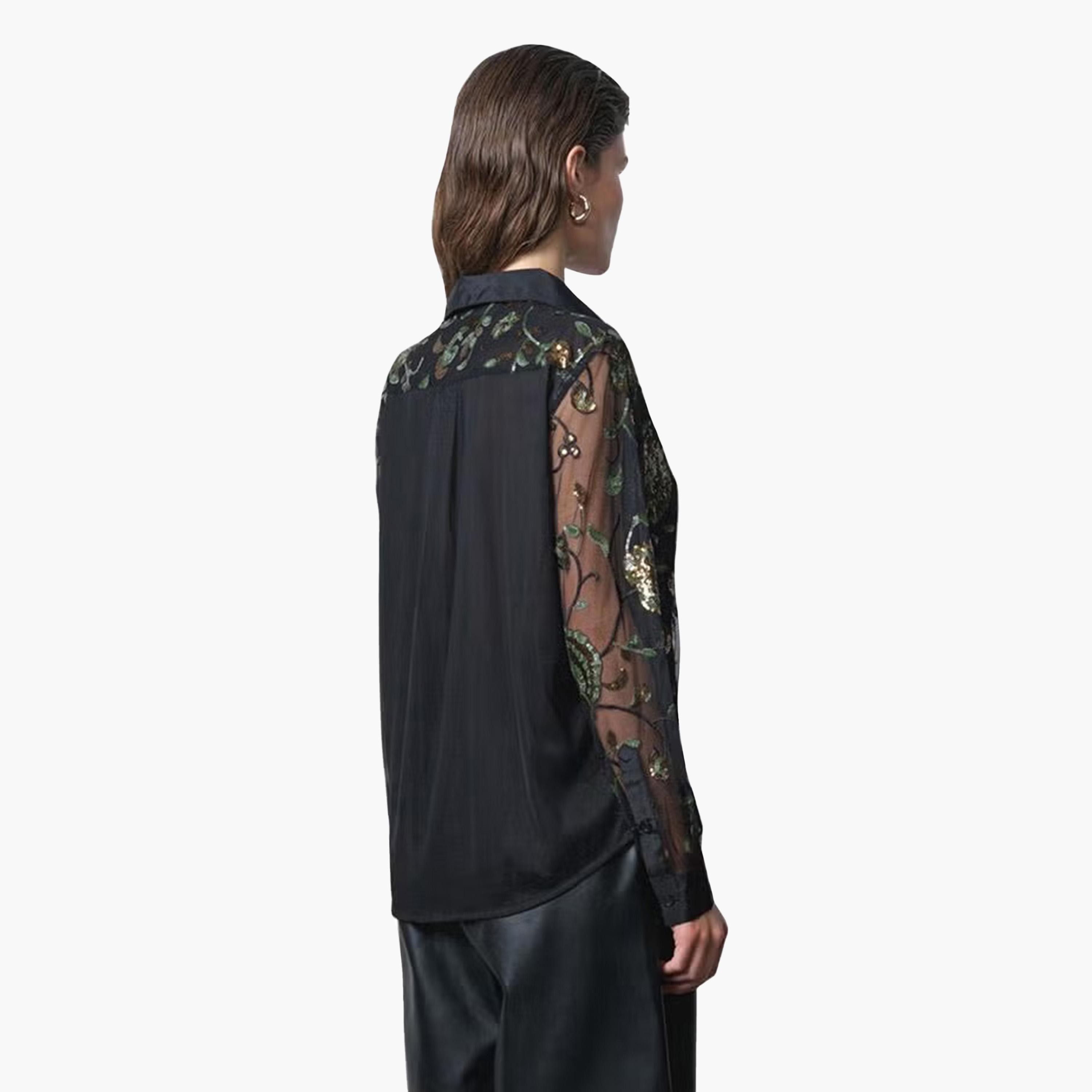 قميص حريمي بياقة ومزين بالترتر باللون الأسود من فرينش كونكشن-women-clothing-shirtsandblouses-shirts-image-4