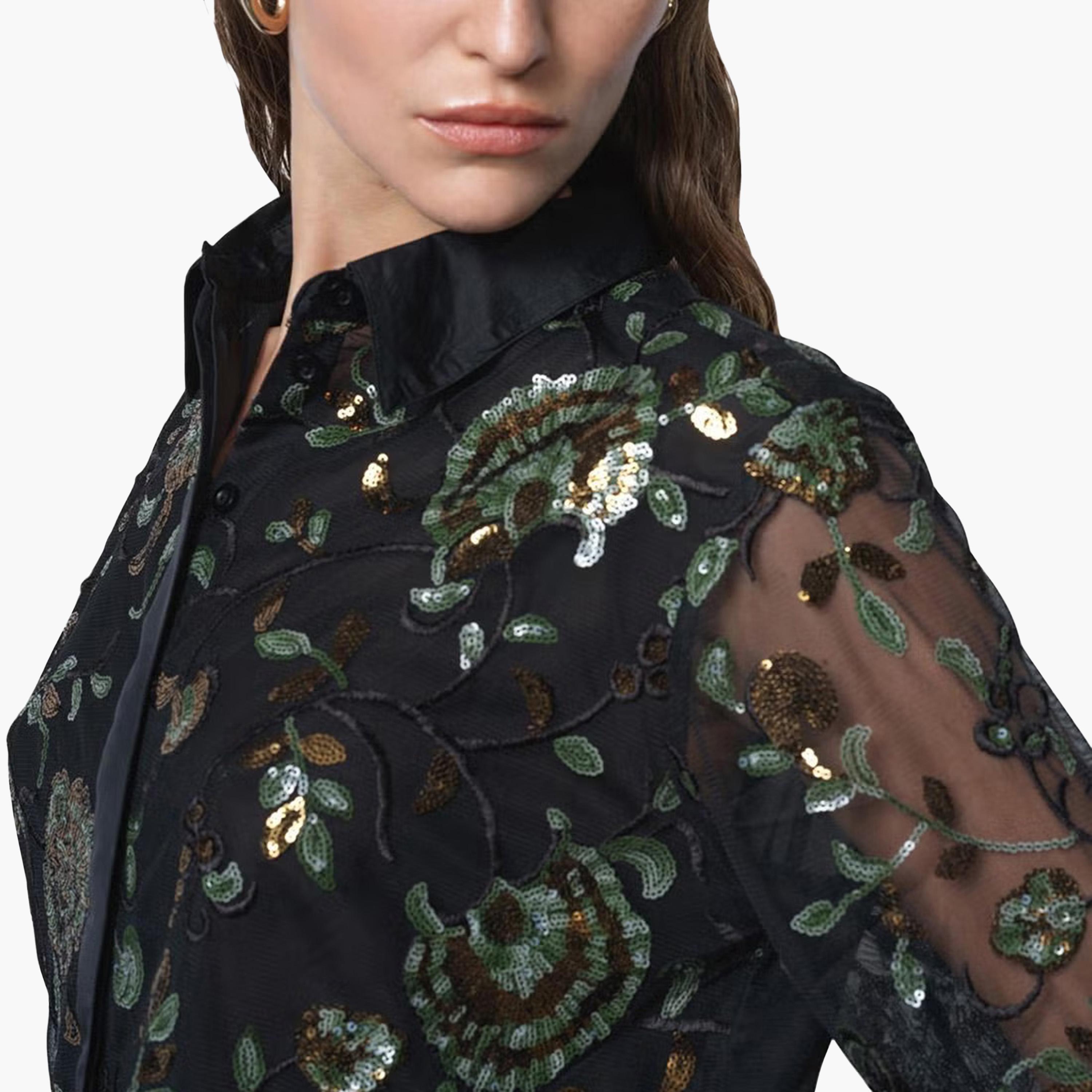 قميص حريمي بياقة ومزين بالترتر باللون الأسود من فرينش كونكشن-women-clothing-shirtsandblouses-shirts-image-5