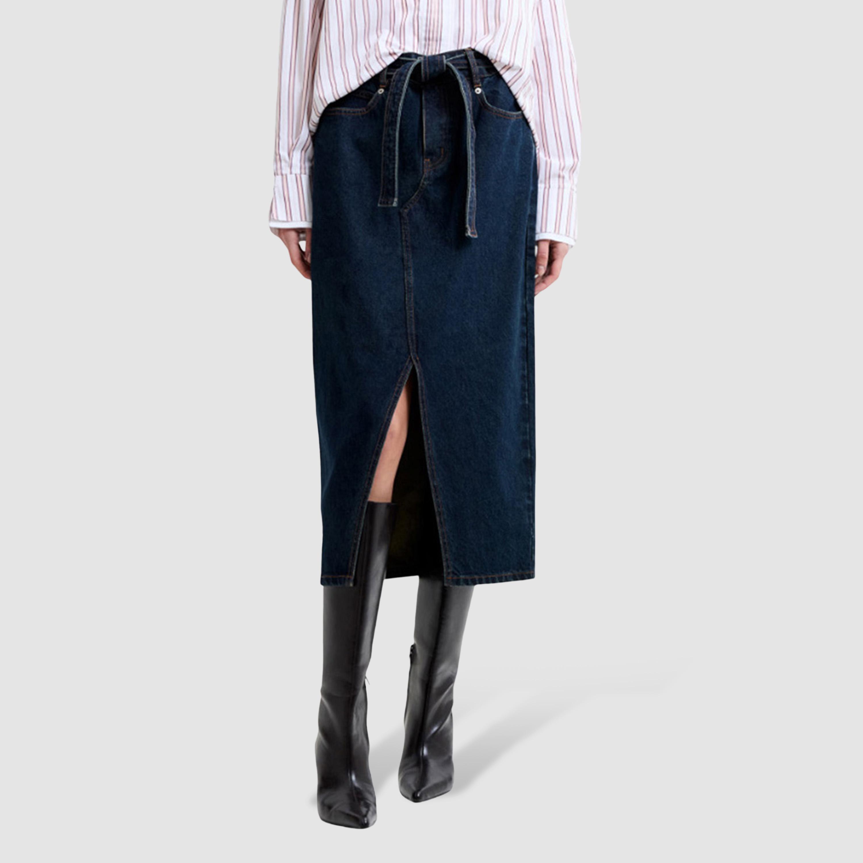 تنورة ميدي نسائية دينيم قطن بفتحة لون أزرق داكن من فرينش كونكشن-women-clothing-bottoms-skirts-image-1
