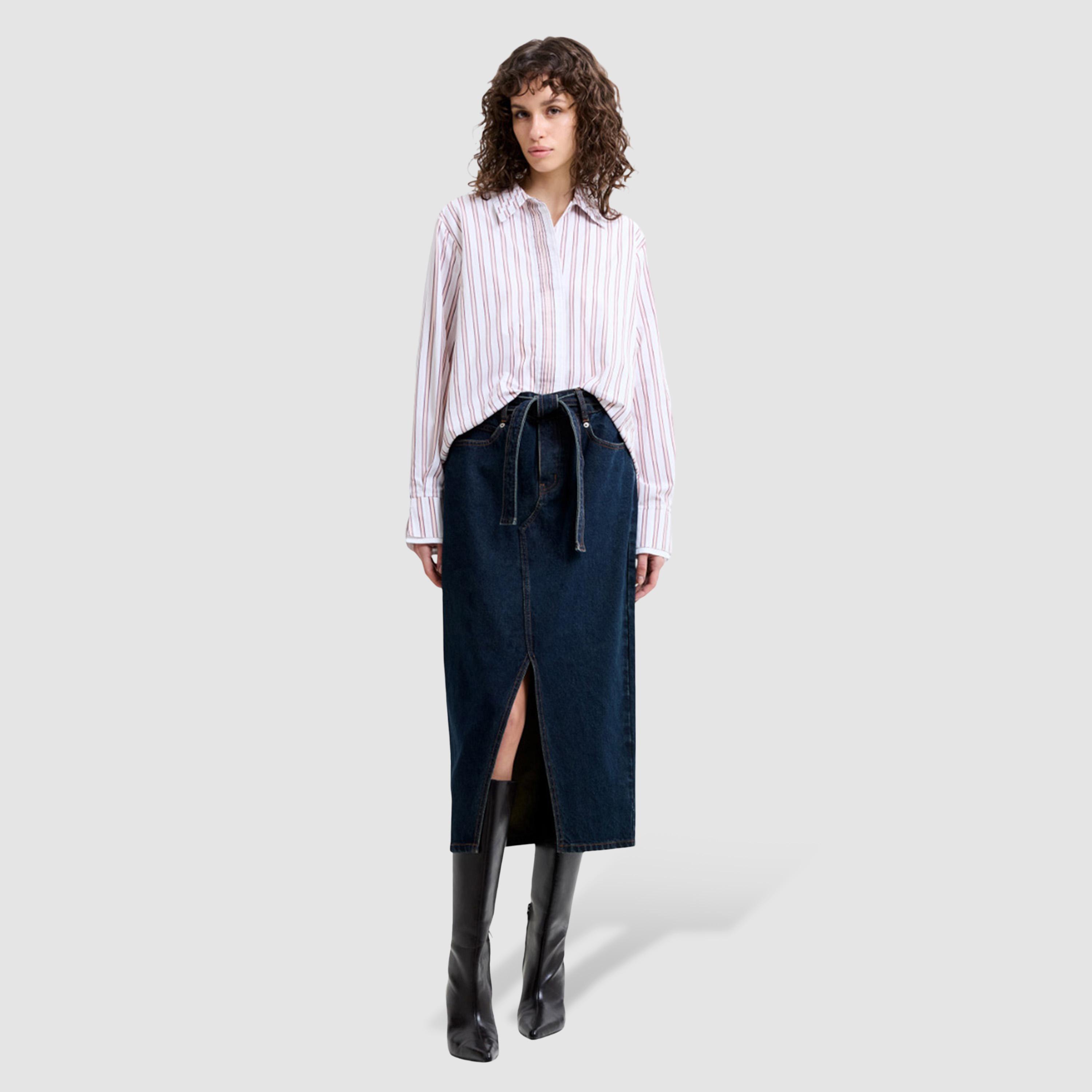 تنورة ميدي نسائية دينيم قطن بفتحة لون أزرق داكن من فرينش كونكشن-women-clothing-bottoms-skirts-image-2