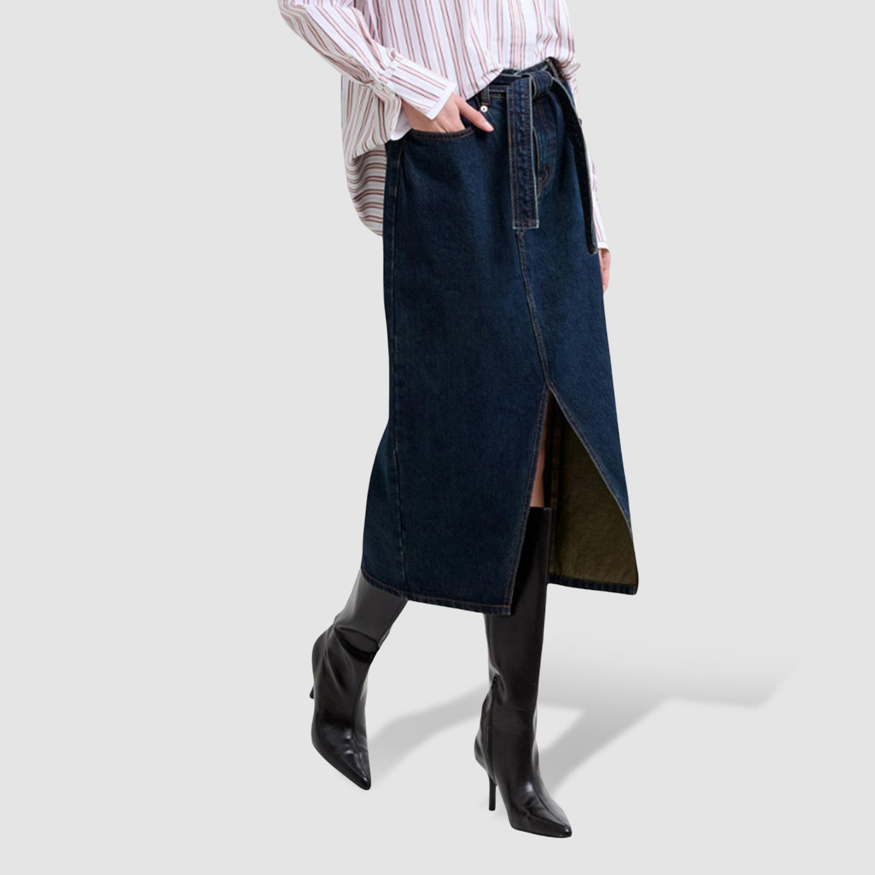 تنورة ميدي نسائية دينيم قطن بفتحة لون أزرق داكن من فرينش كونكشن-women-clothing-bottoms-skirts-image-3