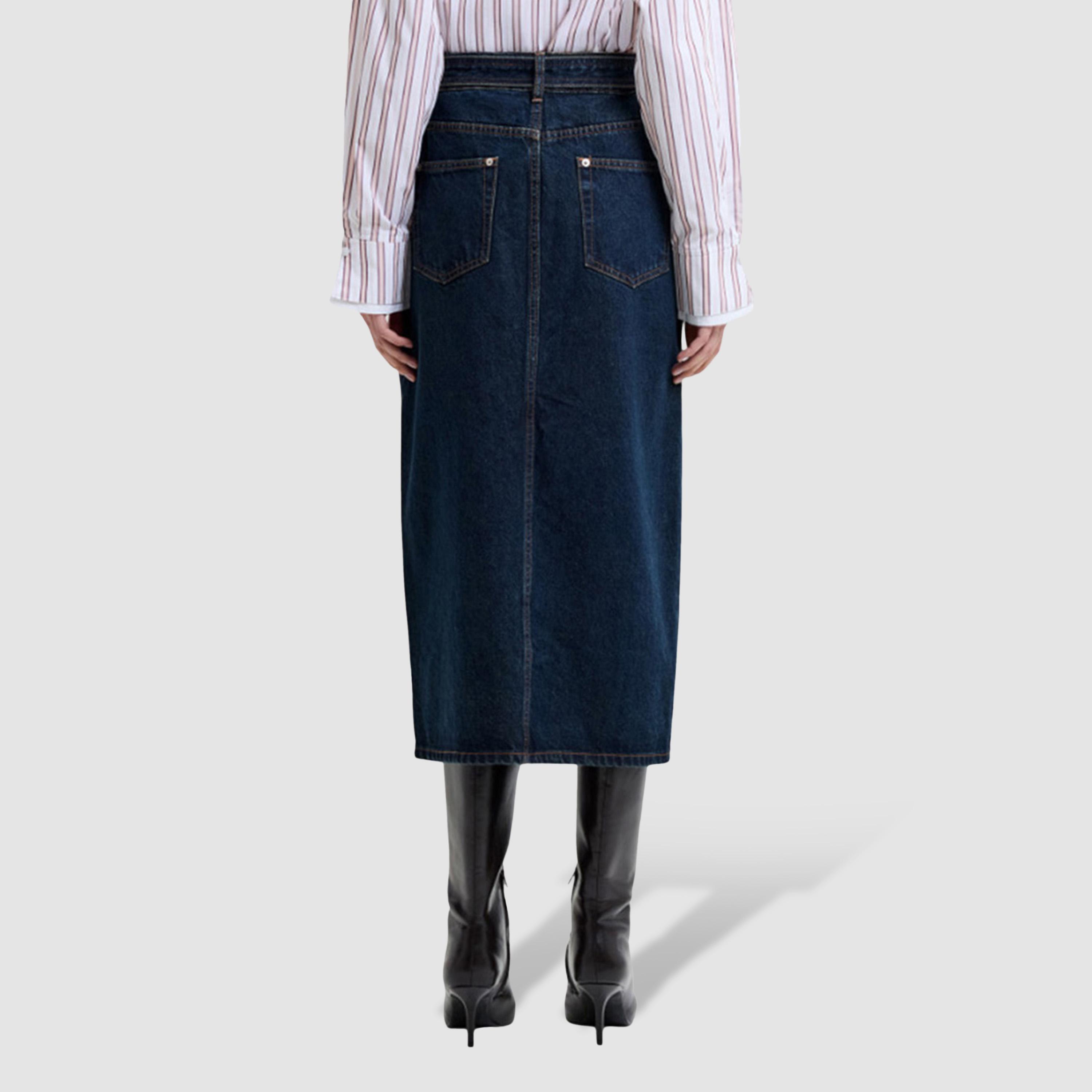 تنورة ميدي نسائية دينيم قطن بفتحة لون أزرق داكن من فرينش كونكشن-women-clothing-bottoms-skirts-image-4