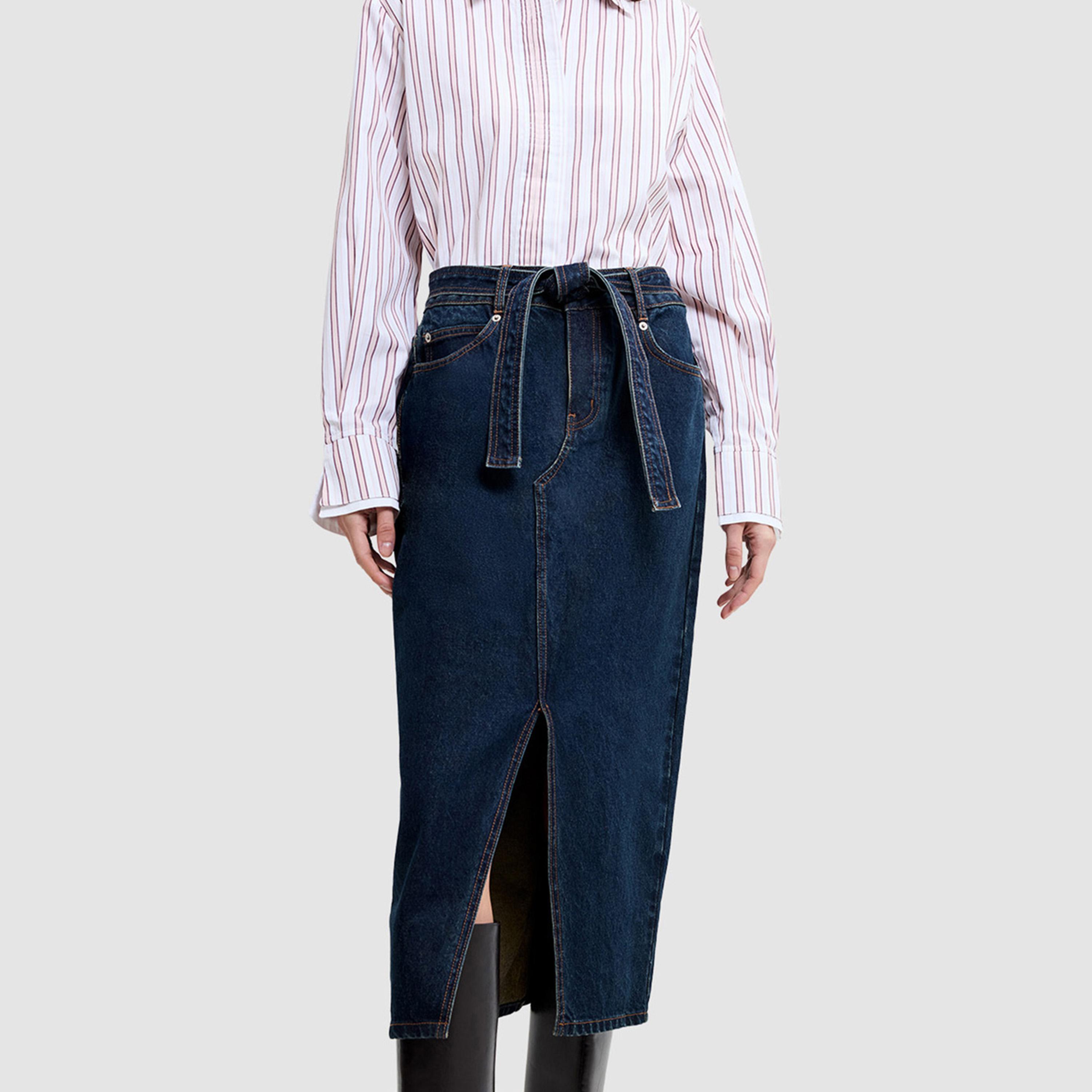 تنورة ميدي نسائية دينيم قطن بفتحة لون أزرق داكن من فرينش كونكشن-women-clothing-bottoms-skirts-image-5