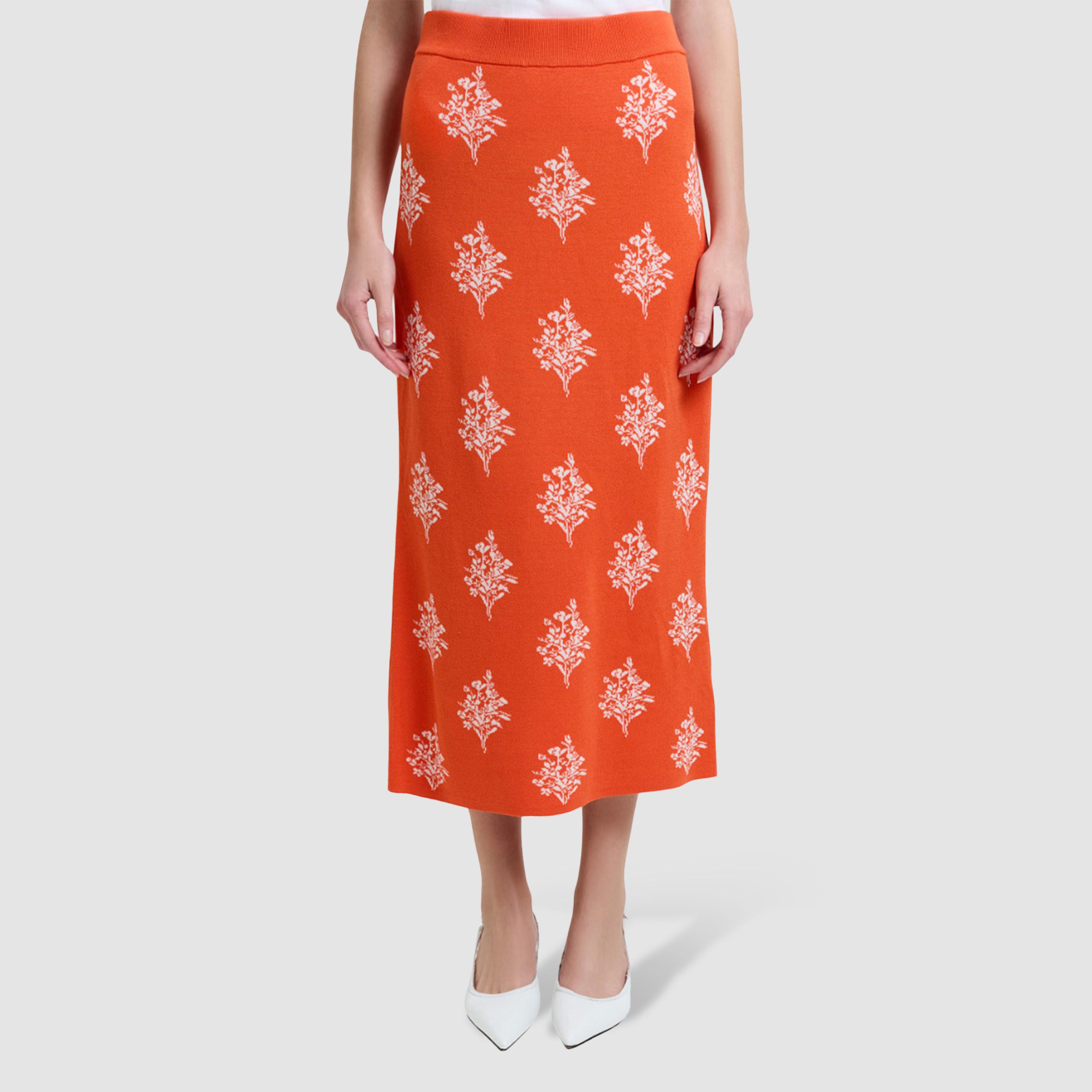 تنورة ميدي نسائية مستقيمة بفتحة وطبعة زهور لون برتقالي من فرينش كونكشن-women-clothing-bottoms-skirts-image-1