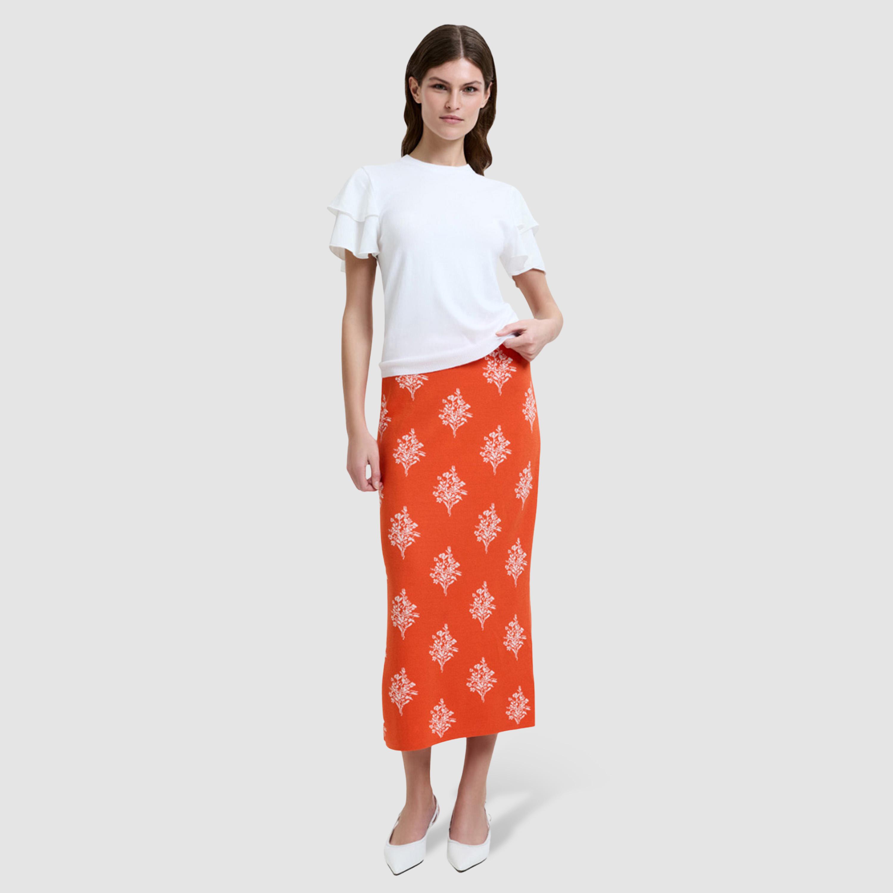 تنورة ميدي نسائية مستقيمة بفتحة وطبعة زهور لون برتقالي من فرينش كونكشن-women-clothing-bottoms-skirts-image-2