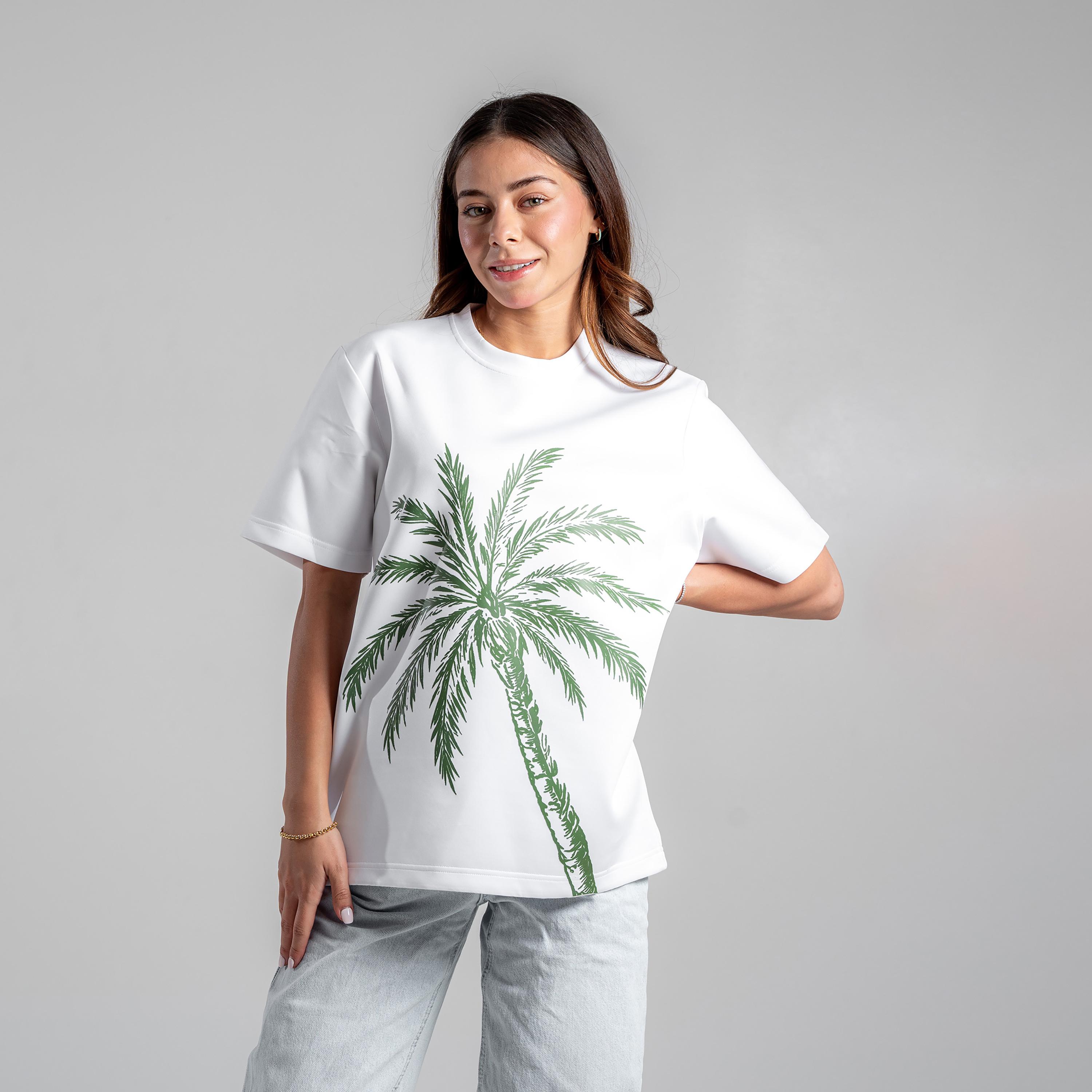 sanefn Palm Tree Print Crew Neck Short Sleeves Women's National Day T-Shirt-women-clothing-tshirts-image-1