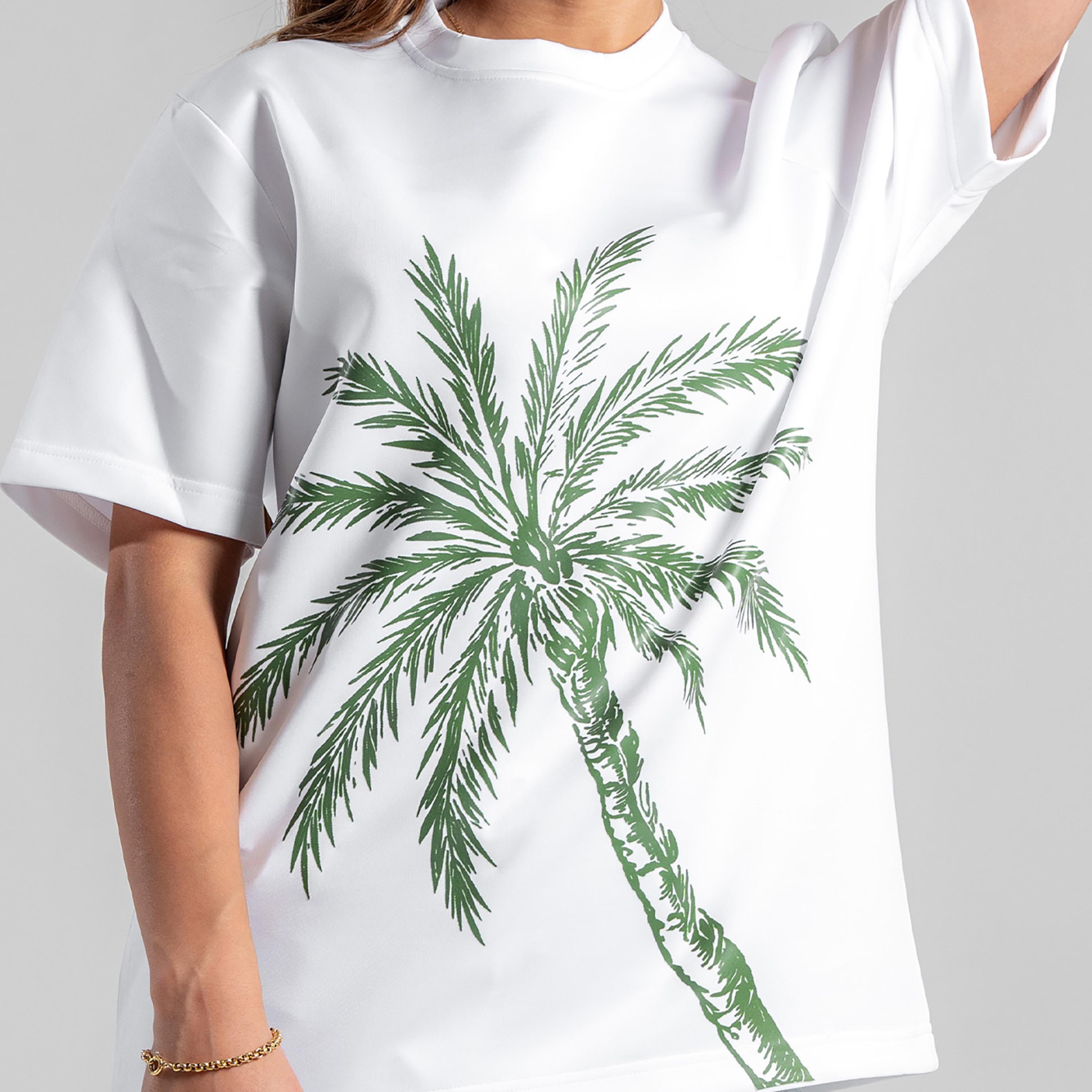 sanefn Palm Tree Print Crew Neck Short Sleeves Women's National Day T-Shirt-women-clothing-tshirts-image-5