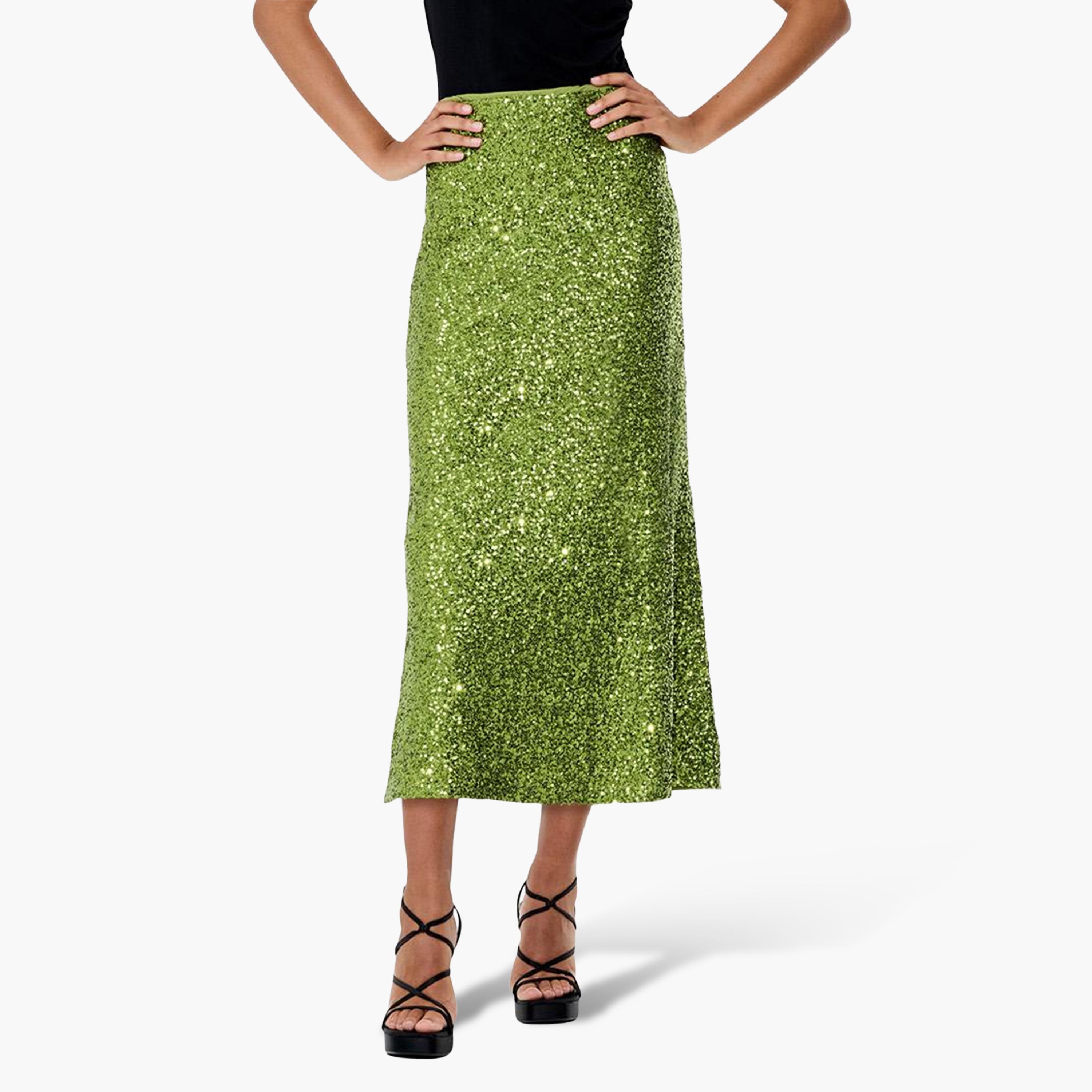 French Connection Green Sequined Women's Evening Straight Midi Skirt-women-clothing-skirts-image-1