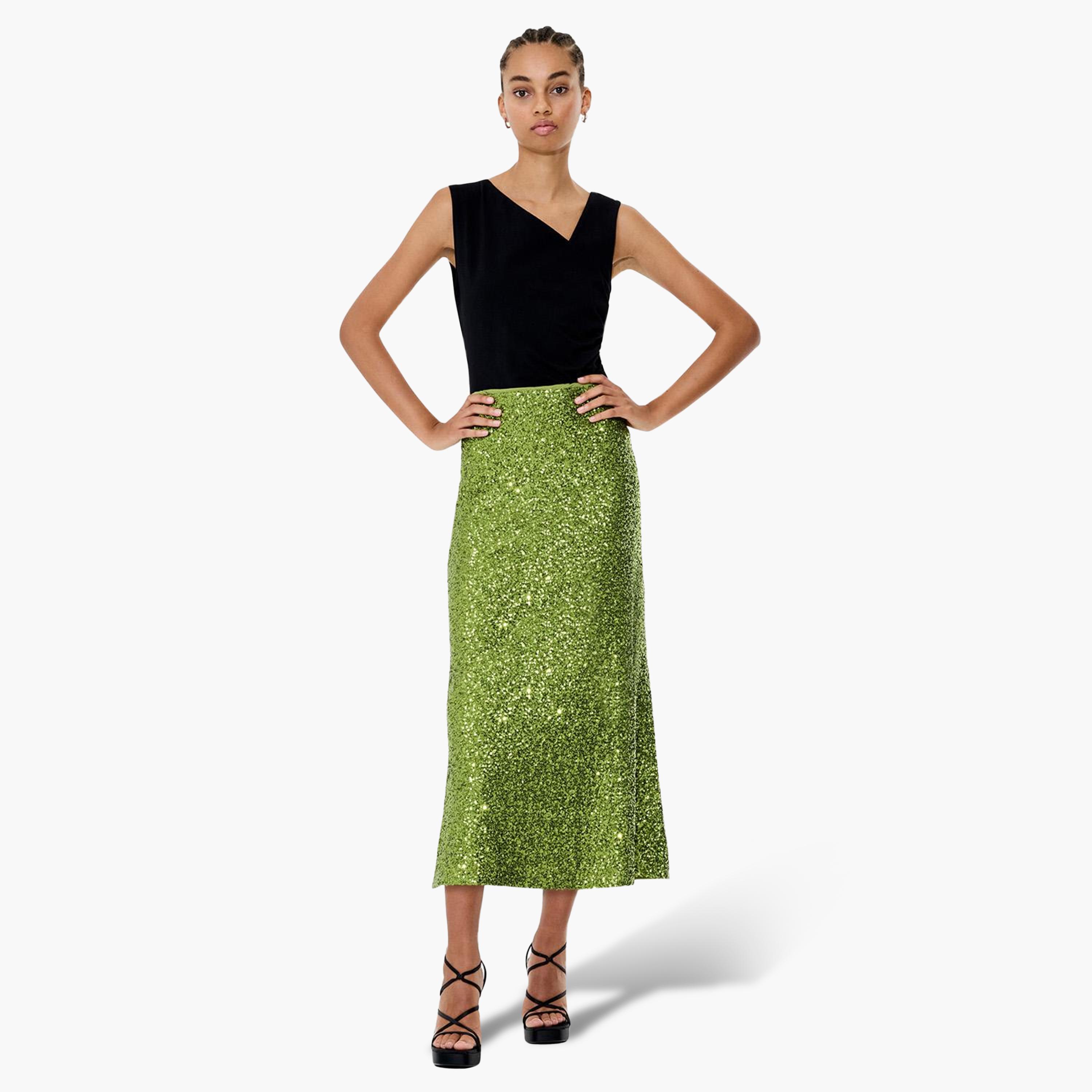 French Connection Green Sequined Women's Evening Straight Midi Skirt-women-clothing-skirts-image-2