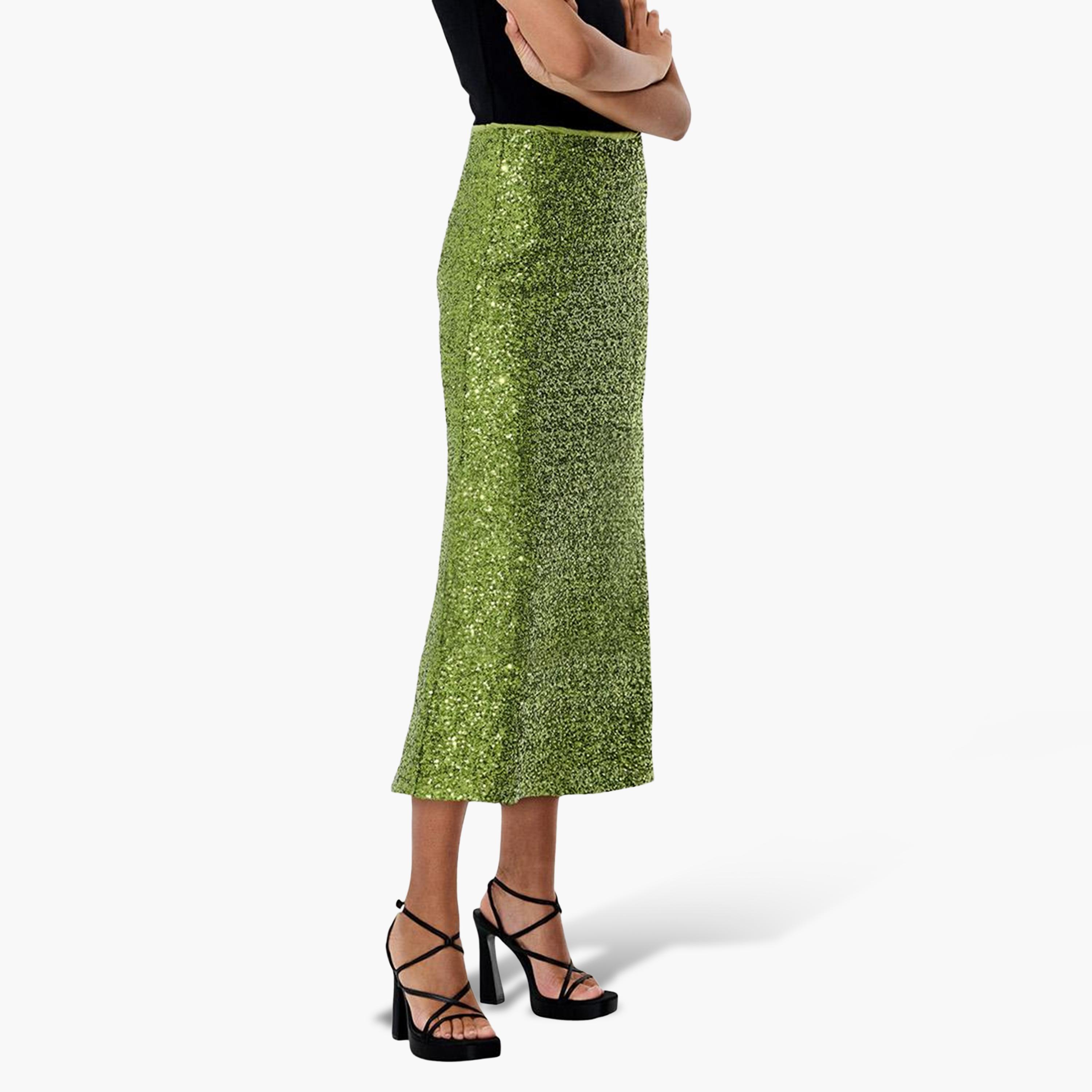 French Connection Green Sequined Women's Evening Straight Midi Skirt-women-clothing-skirts-image-4
